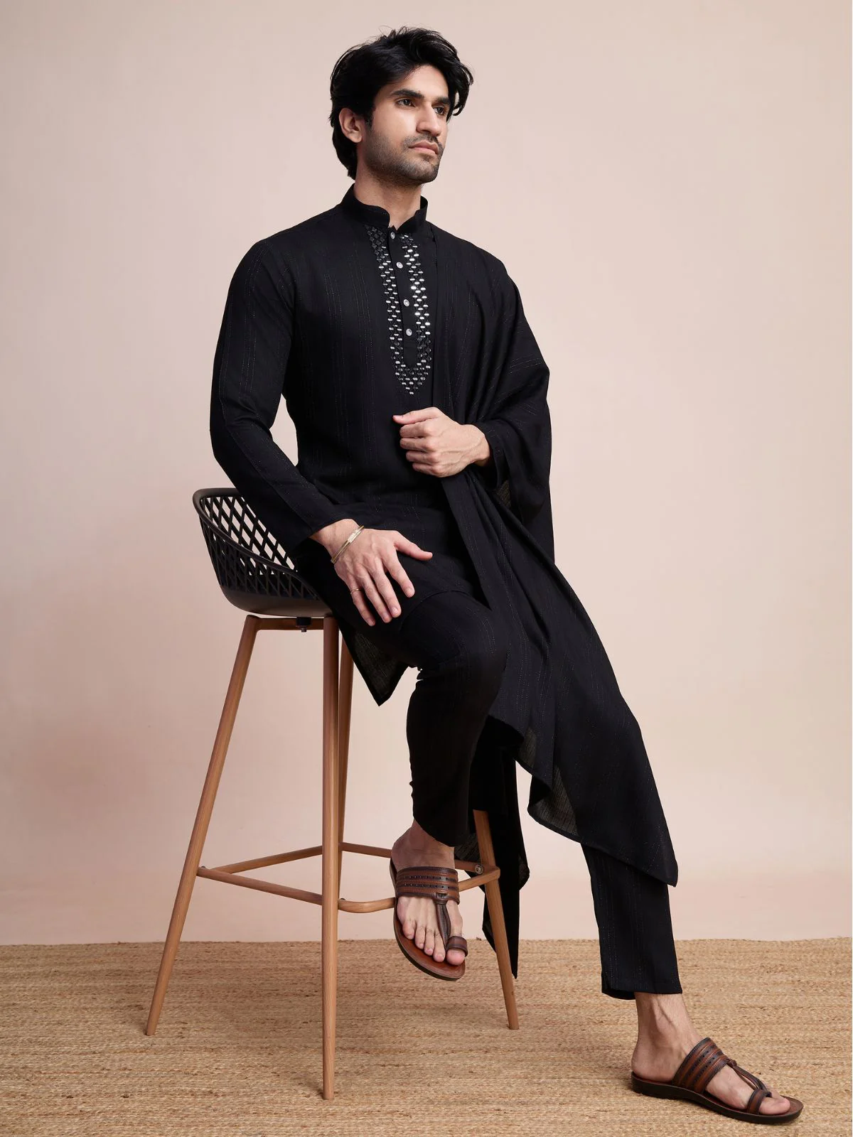 Odette Black Viscose Rayon Mirror Work Stitched Kurta Set For Men - Image 5