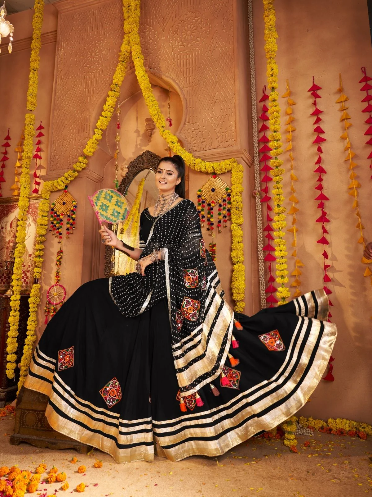 Odette Black Viscose Rayon Rabari Work Semi-Stitched lehenga With Stunning Tassels For Women - Image 2