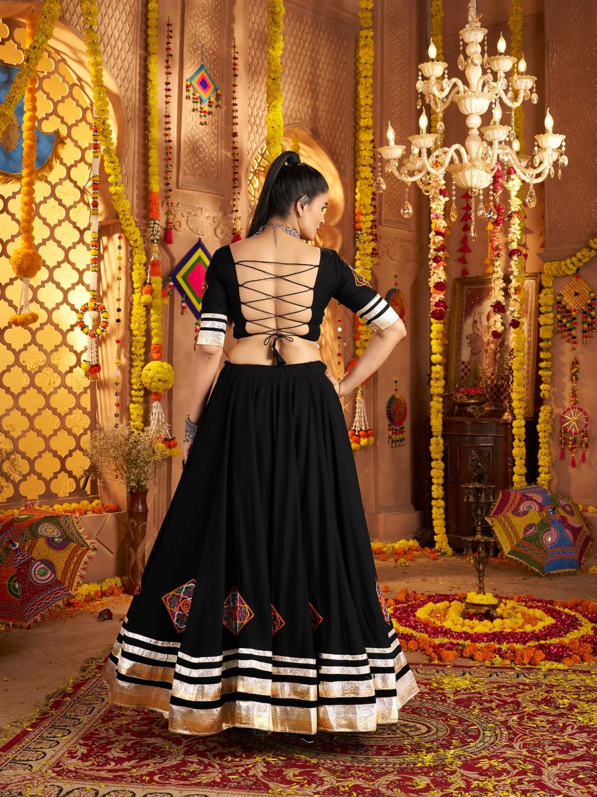 Odette Black Viscose Rayon Rabari Work Semi-Stitched lehenga With Stunning Tassels For Women - Image 3