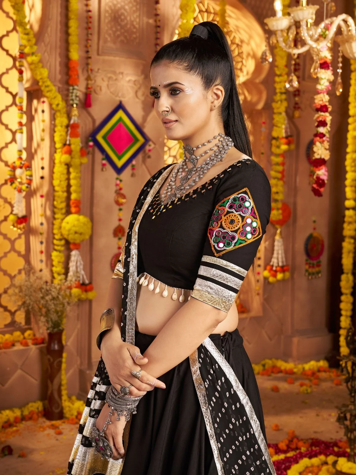 Odette Black Viscose Rayon Rabari Work Semi-Stitched lehenga With Stunning Tassels For Women - Image 4