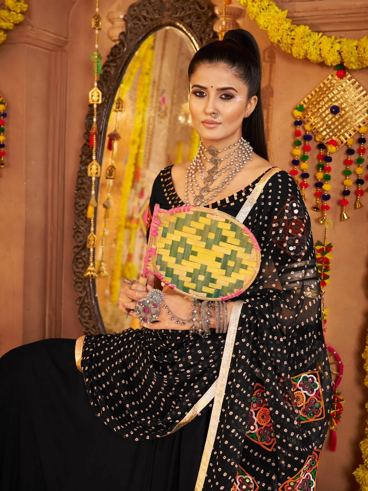Odette Black Viscose Rayon Rabari Work Semi-Stitched lehenga With Stunning Tassels For Women - Image 6
