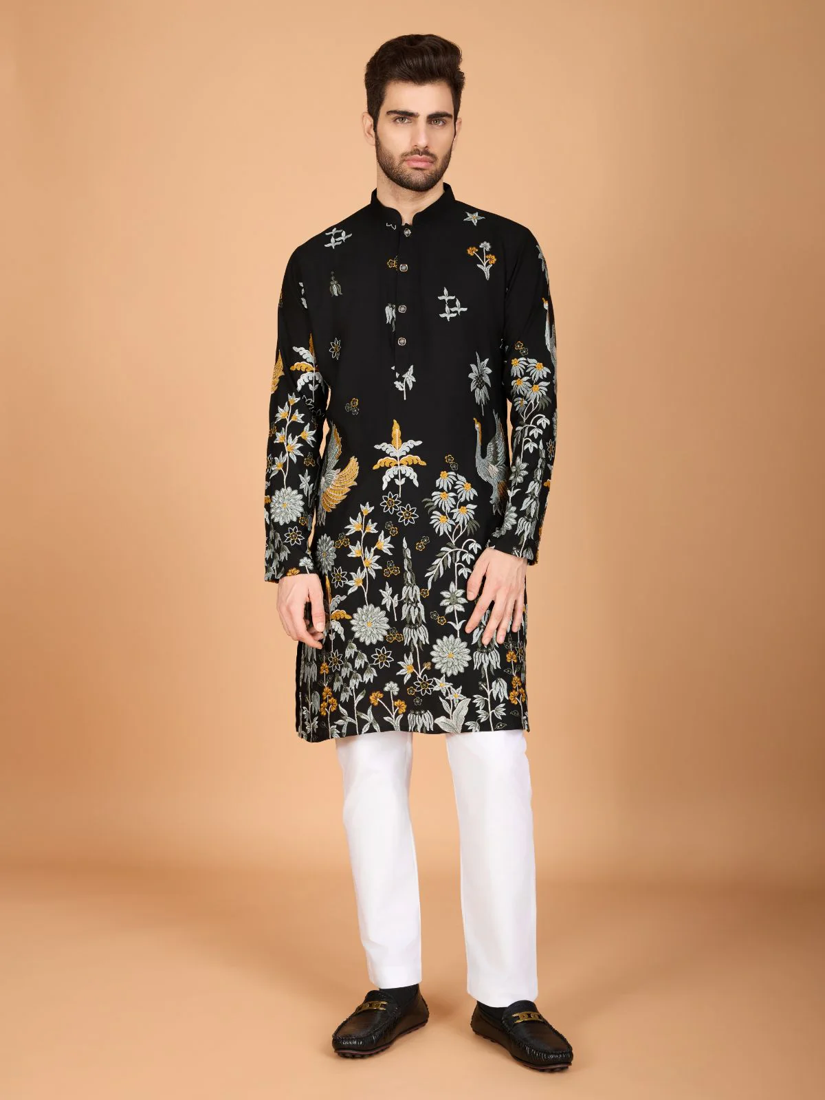 Odette Black Viscose Rayon Stitched Kurta For Men - Image 2