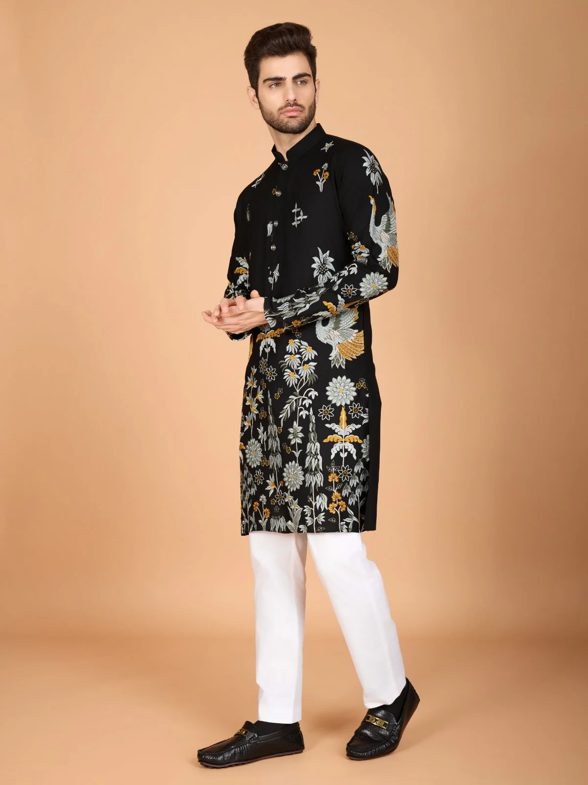 Odette Black Viscose Rayon Stitched Kurta For Men - Image 3