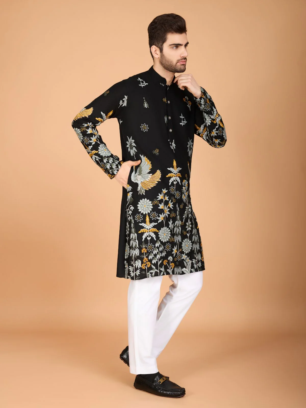 Odette Black Viscose Rayon Stitched Kurta For Men - Image 4