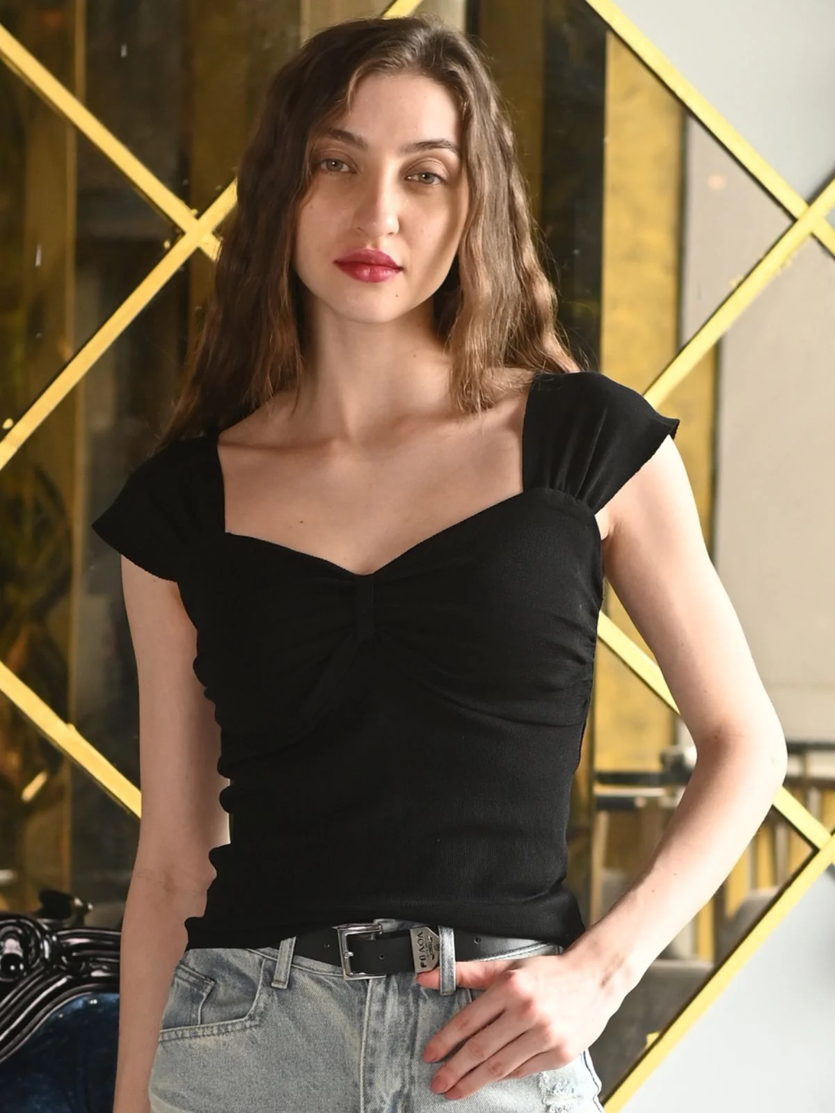 Odette Black Viscose Rib Lycra Solid Top For Women