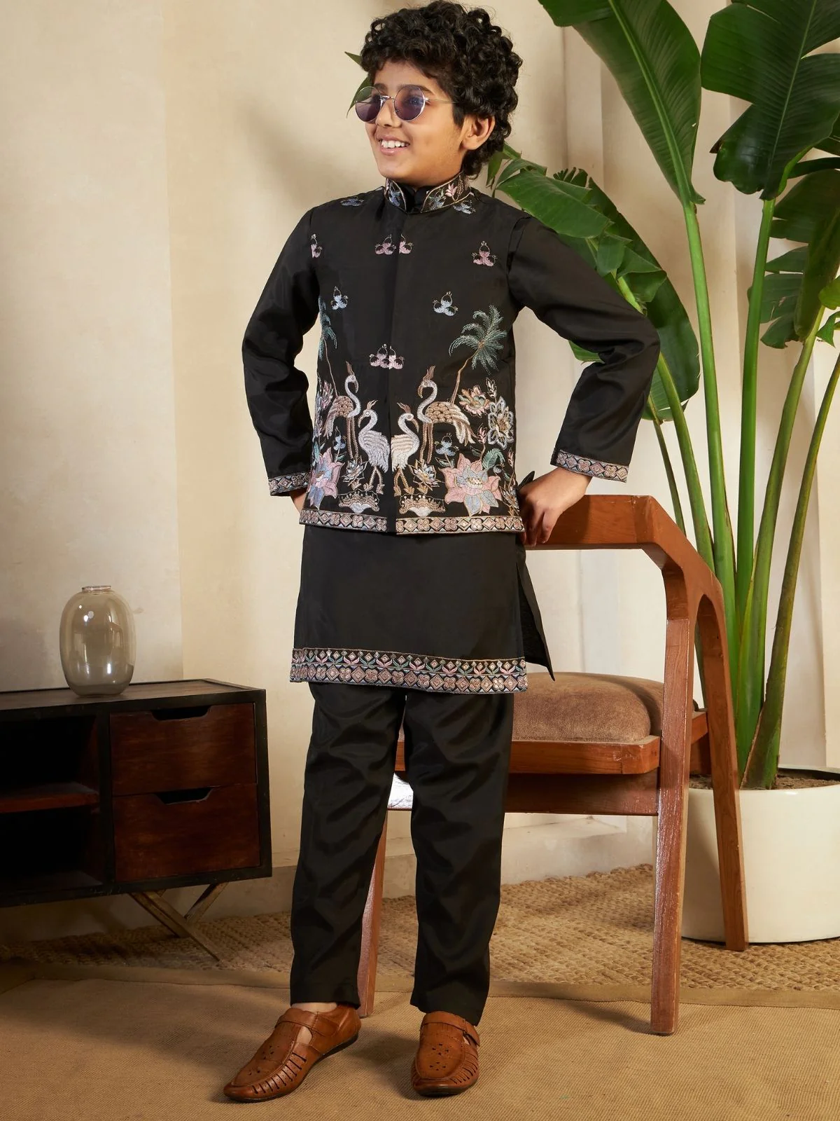Odette Black Viscose Silk Embellished Stitched Kurta Set For Kids - Image 3