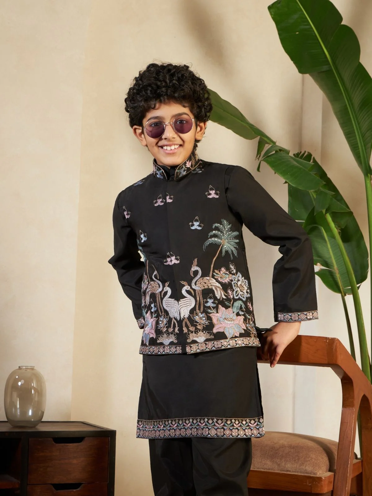 Odette Black Viscose Silk Embellished Stitched Kurta Set For Kids - Image 5
