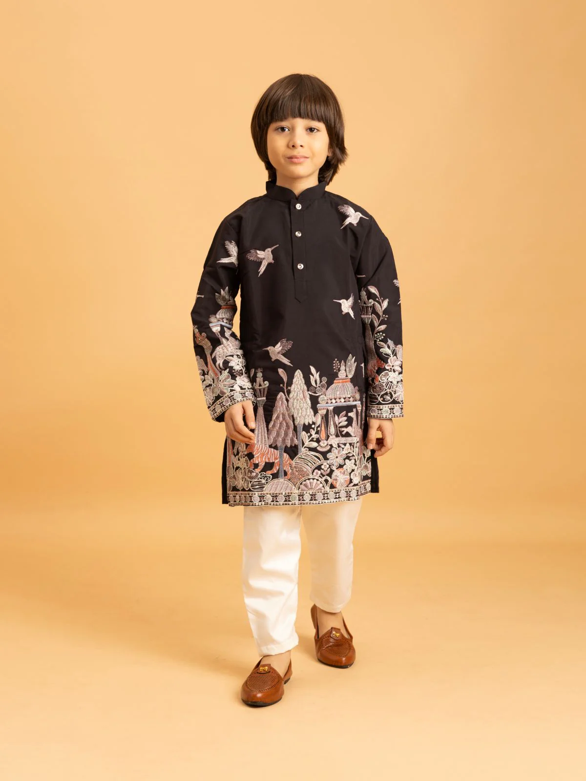 Odette Black Viscose Silk Embroidered Kurta Set For Kids