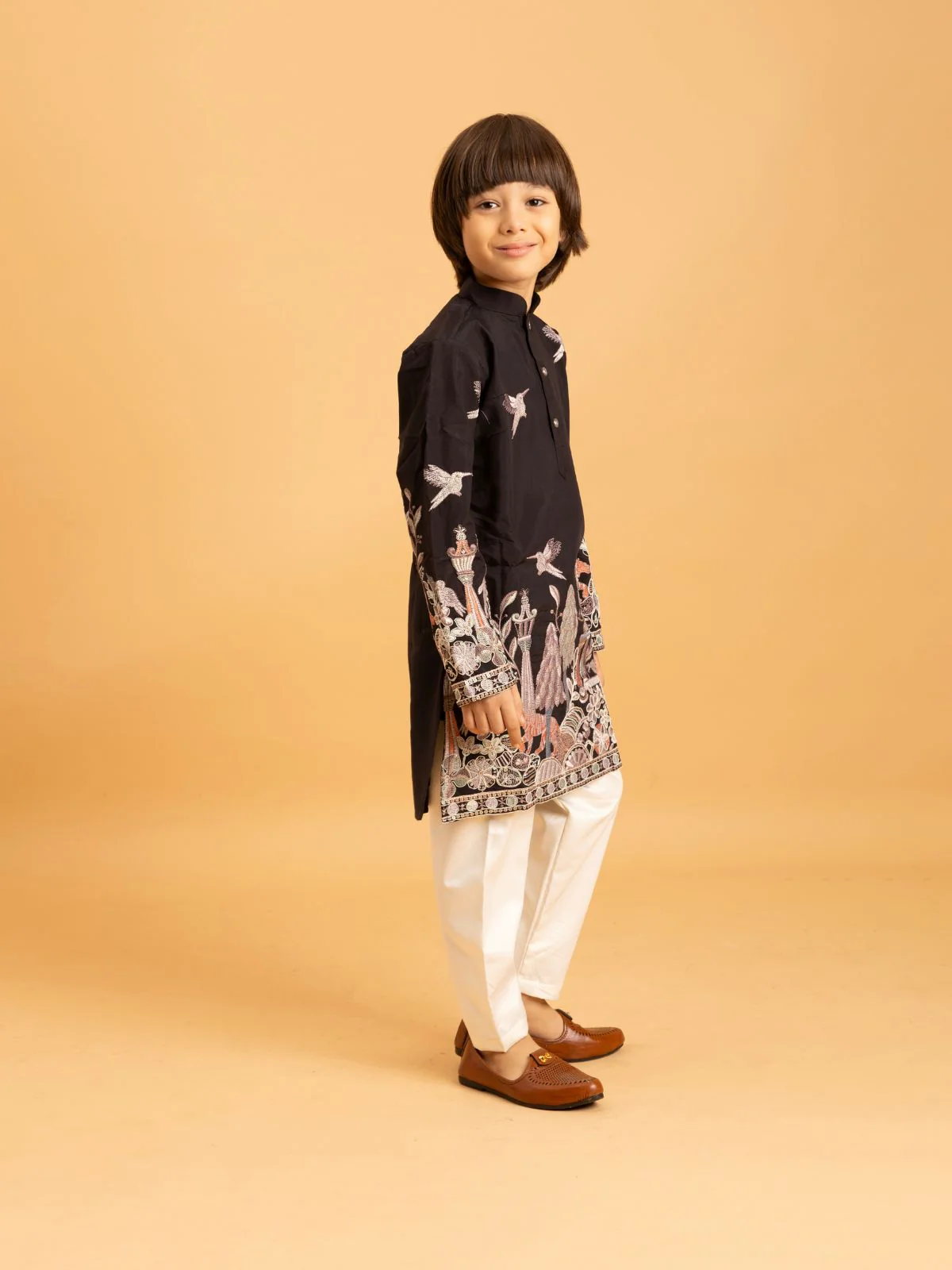 Odette Black Viscose Silk Embroidered Kurta Set For Kids - Image 2