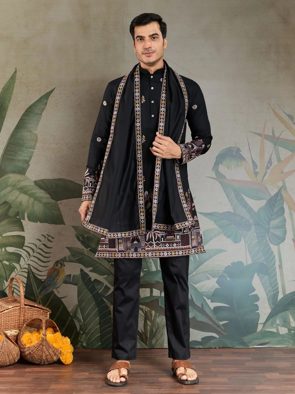 Odette Black Viscose Silk Embroidered Stitched Kurta For Men