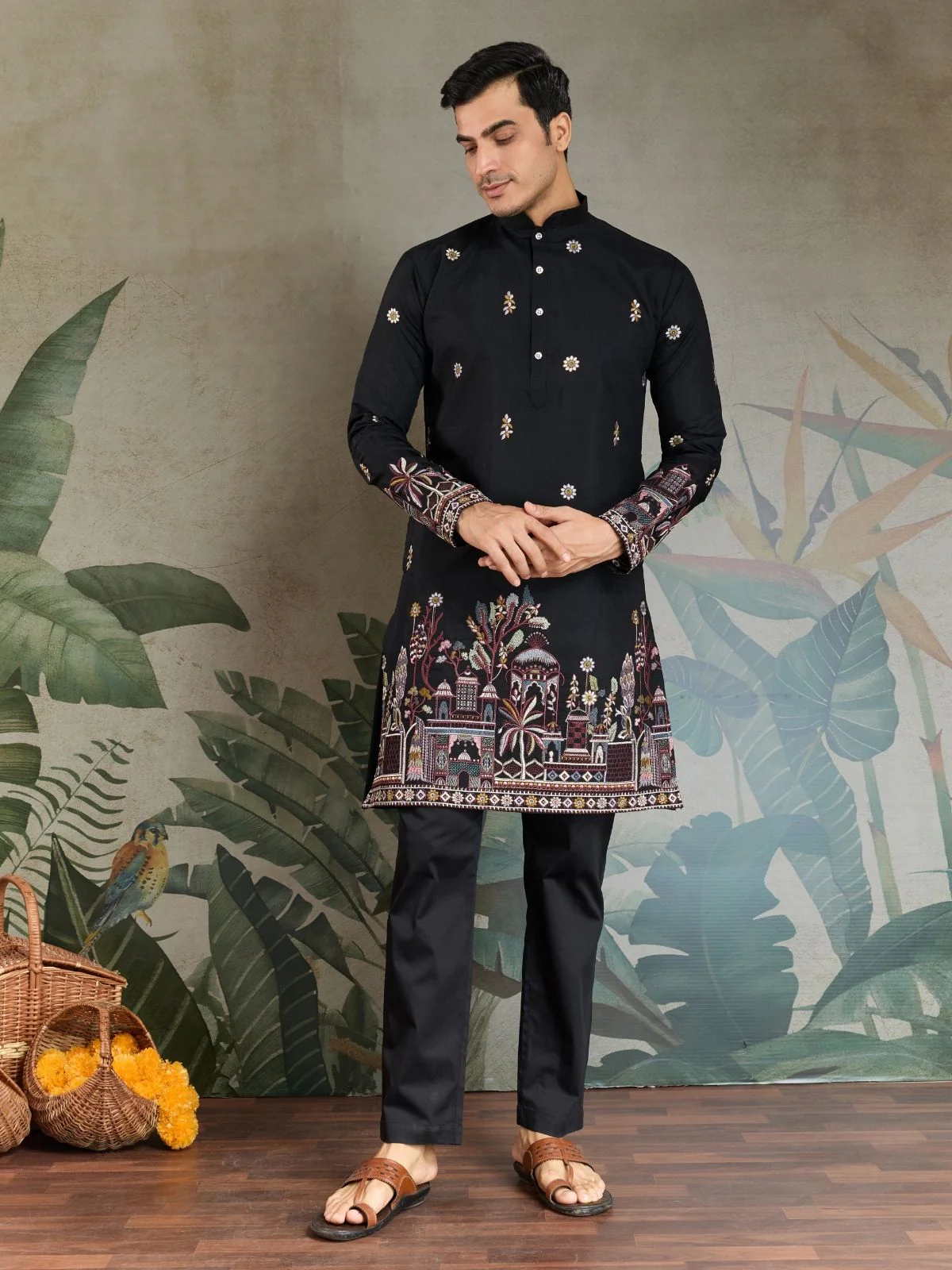 Odette Black Viscose Silk Embroidered Stitched Kurta For Men - Image 4
