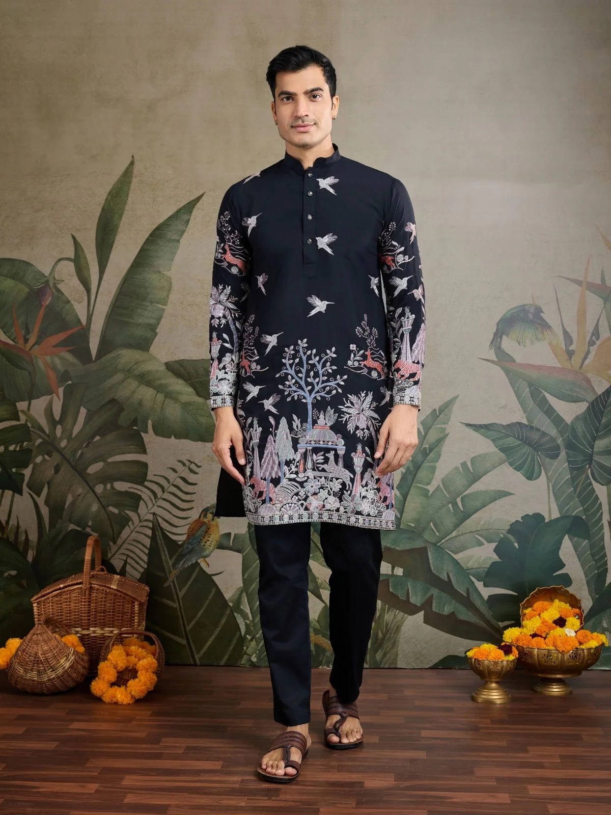 Odette Black Viscose Silk Embroidered Stitched Kurta For Men