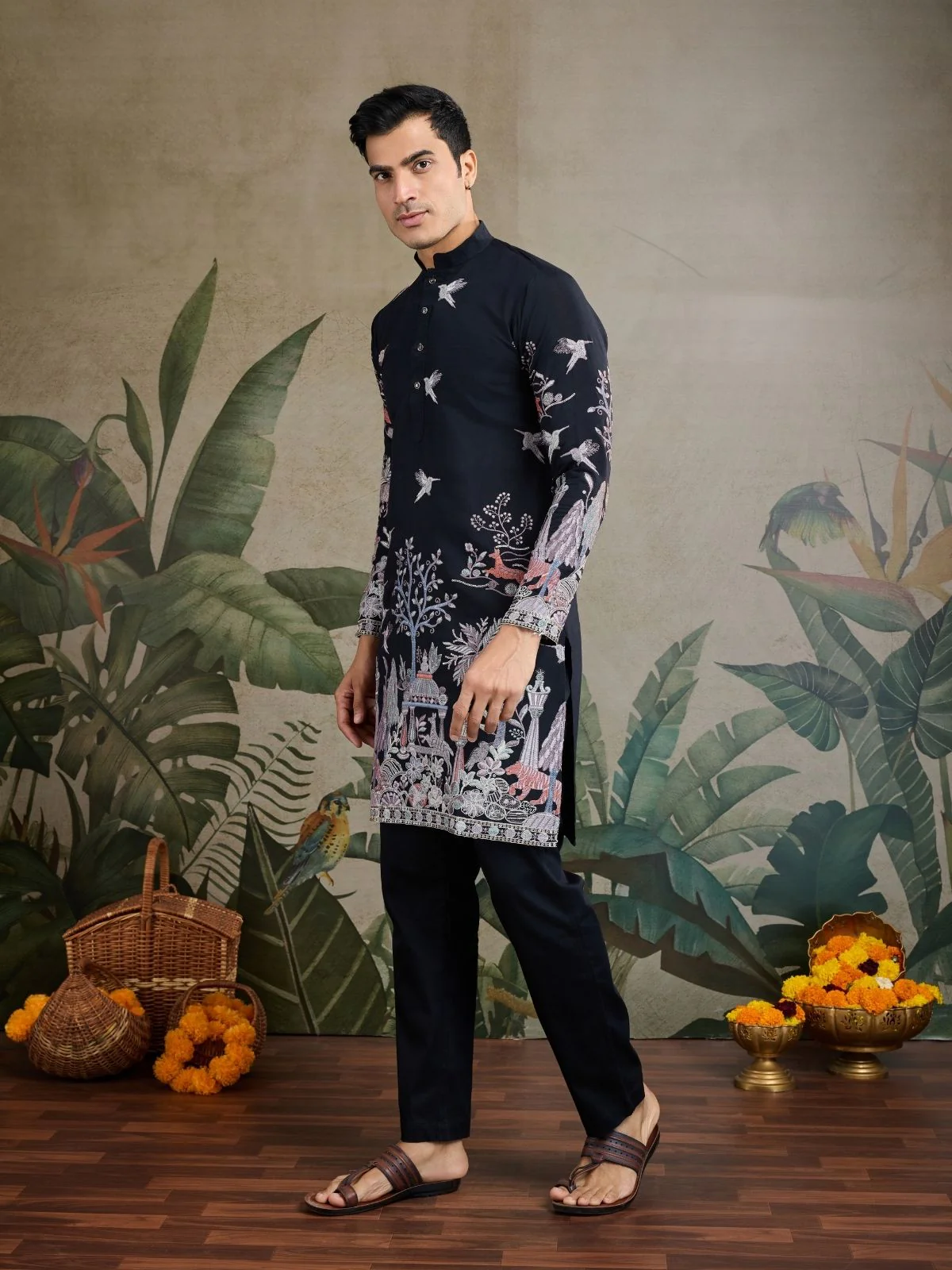 Odette Black Viscose Silk Embroidered Stitched Kurta For Men - Image 2