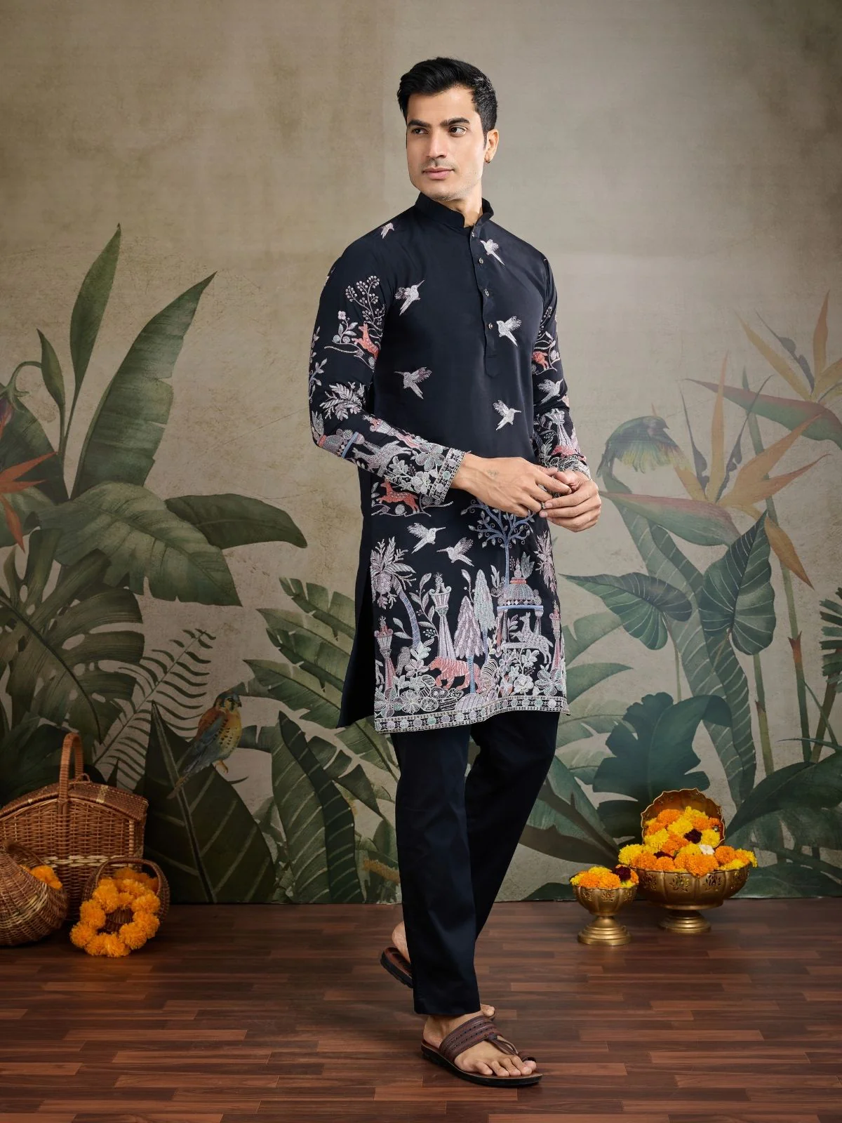 Odette Black Viscose Silk Embroidered Stitched Kurta For Men - Image 3