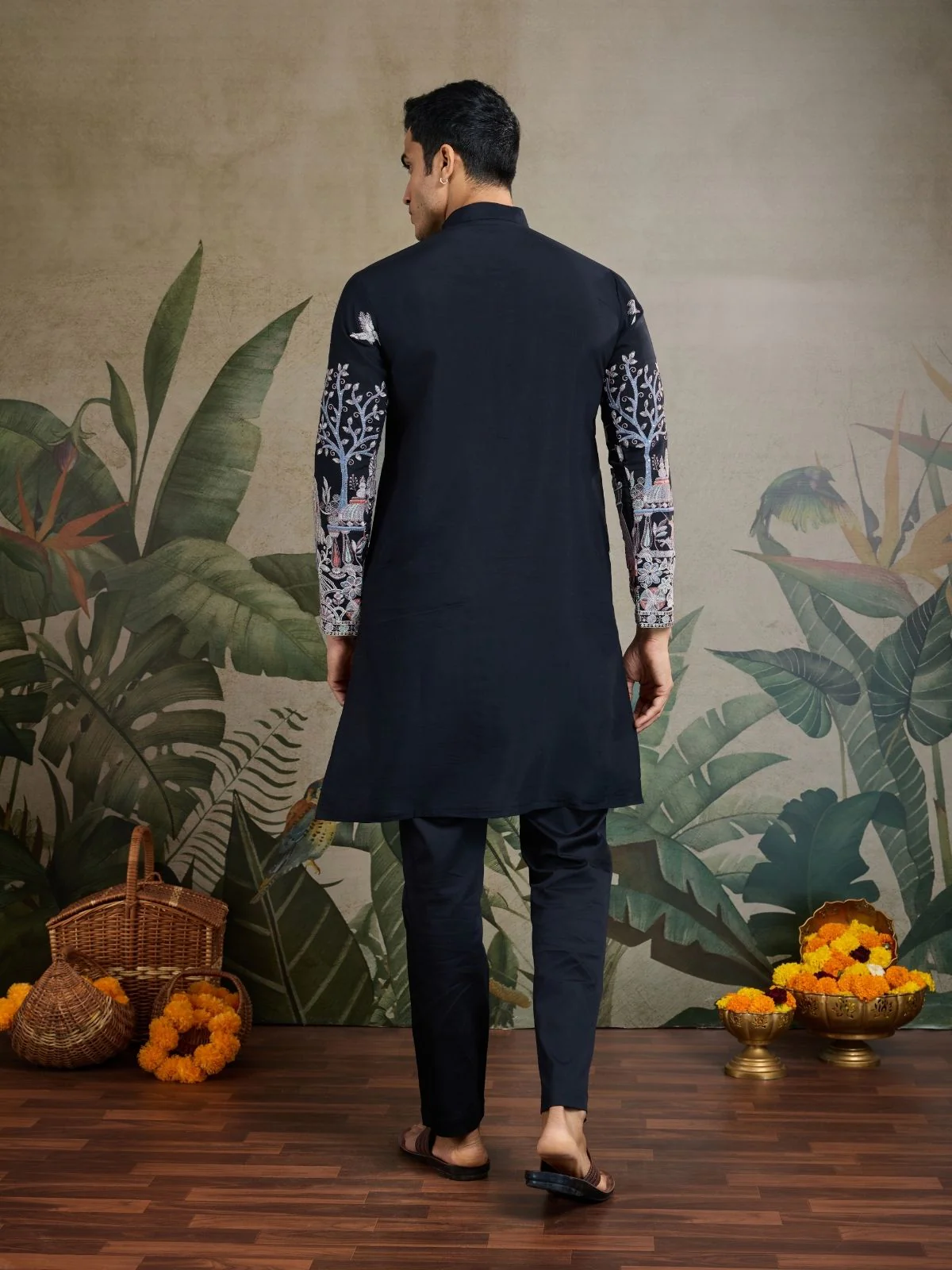 Odette Black Viscose Silk Embroidered Stitched Kurta For Men - Image 4