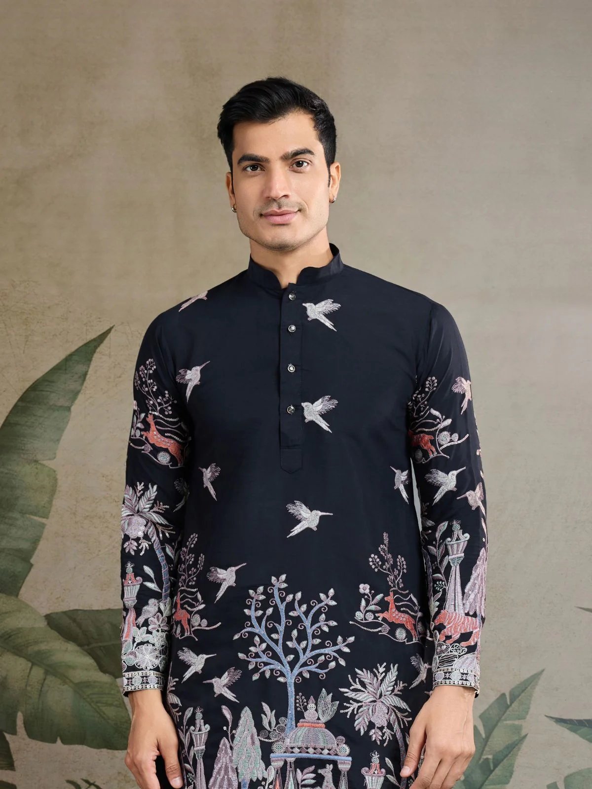 Odette Black Viscose Silk Embroidered Stitched Kurta For Men - Image 5
