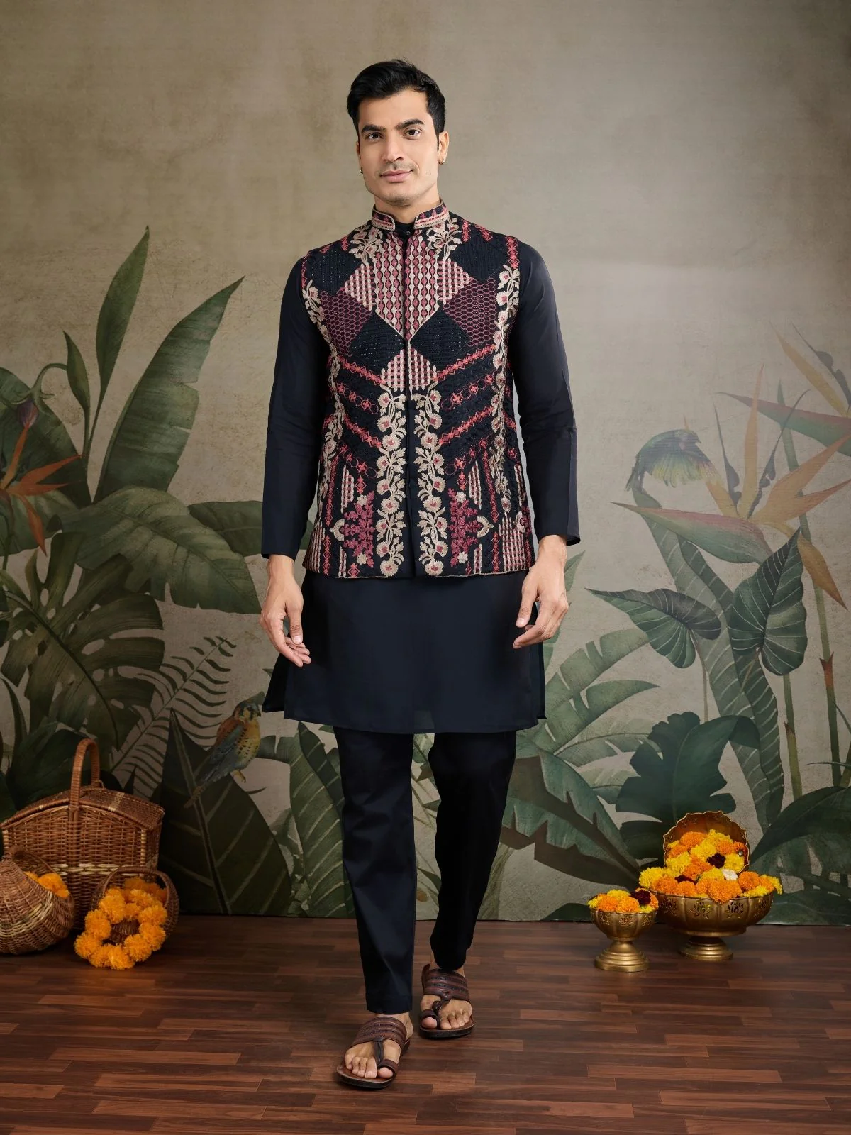 Odette Black Viscose Silk Embroidered Stitched Kurta For Men