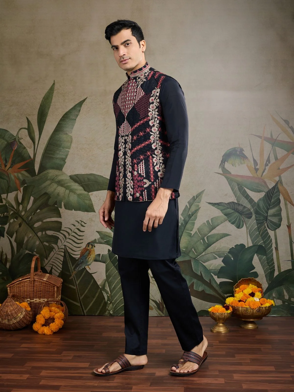 Odette Black Viscose Silk Embroidered Stitched Kurta For Men - Image 2