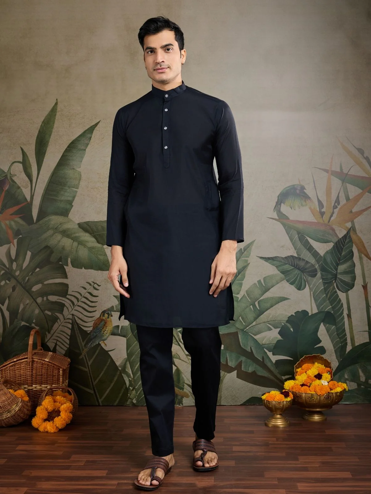Odette Black Viscose Silk Embroidered Stitched Kurta For Men - Image 3