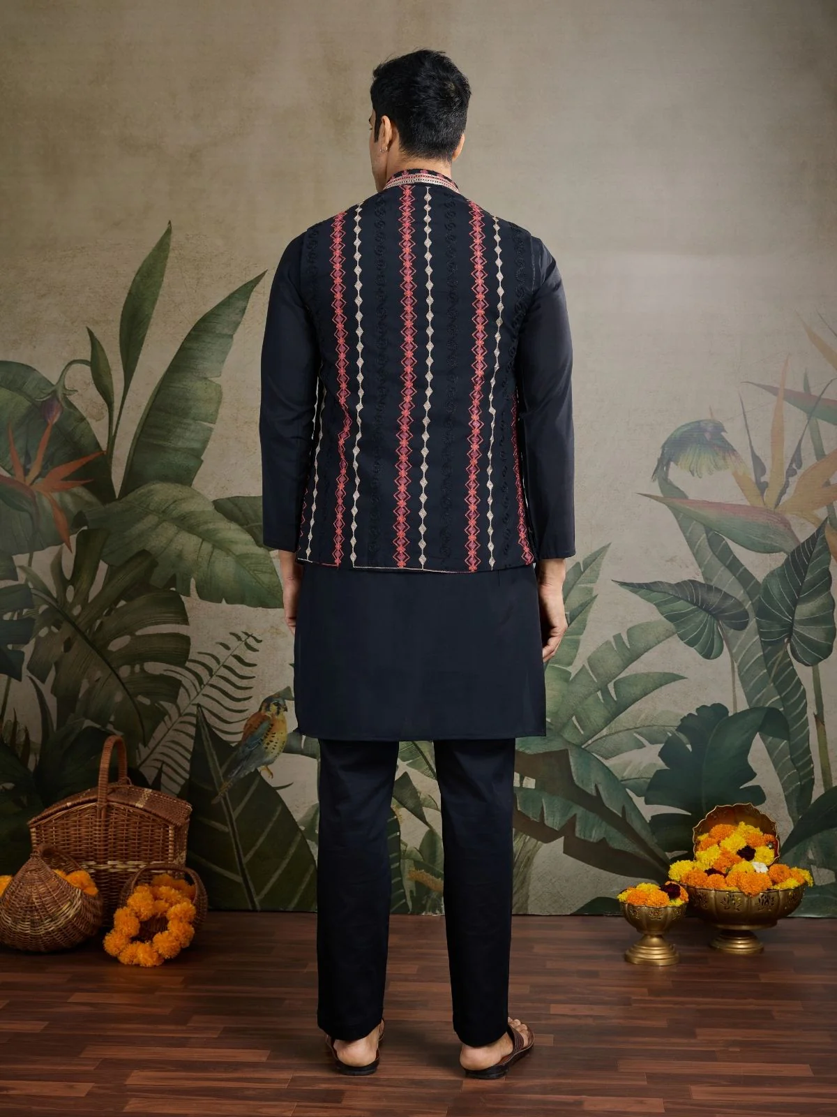Odette Black Viscose Silk Embroidered Stitched Kurta For Men - Image 4