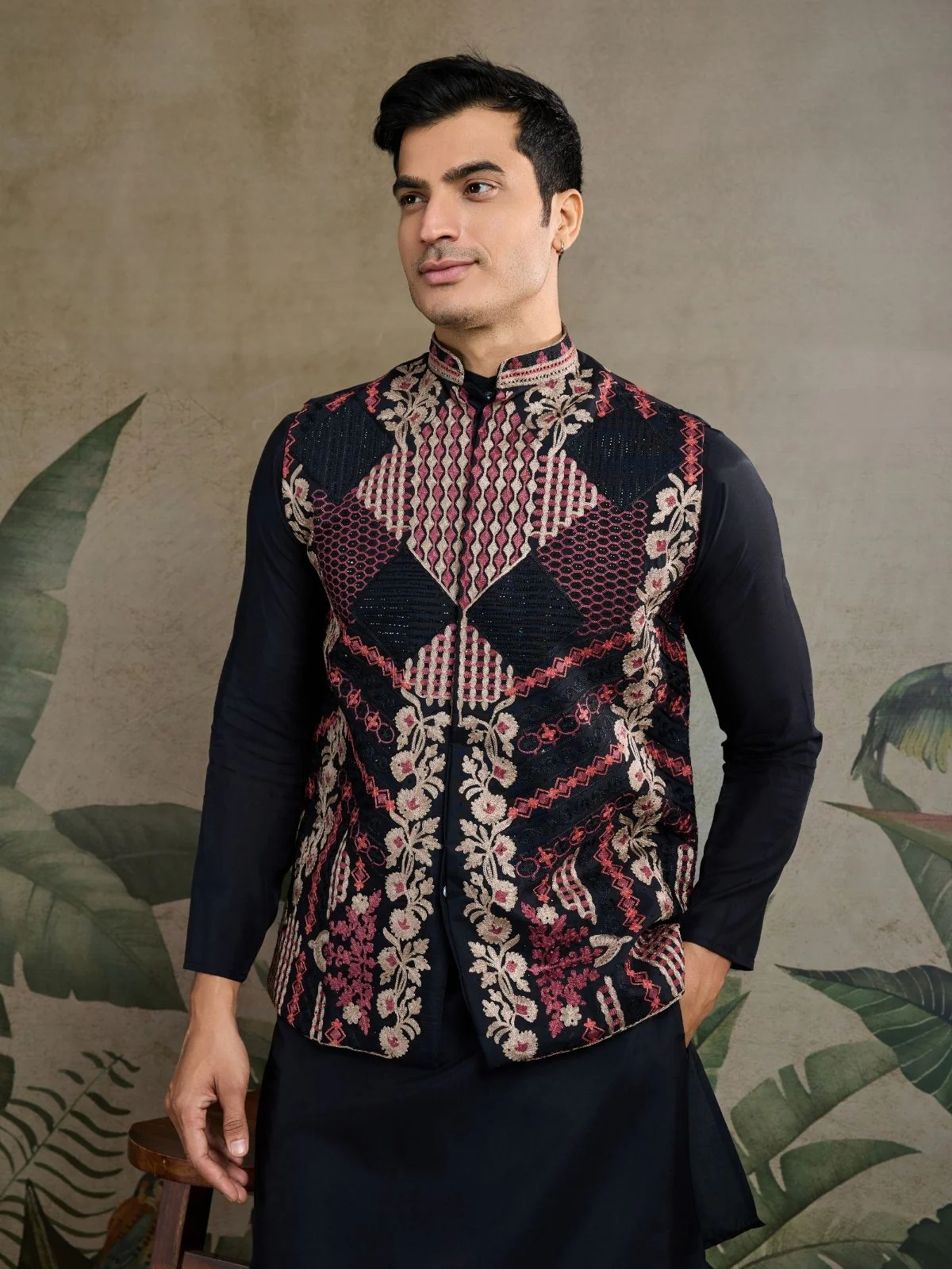 Odette Black Viscose Silk Embroidered Stitched Kurta For Men - Image 5