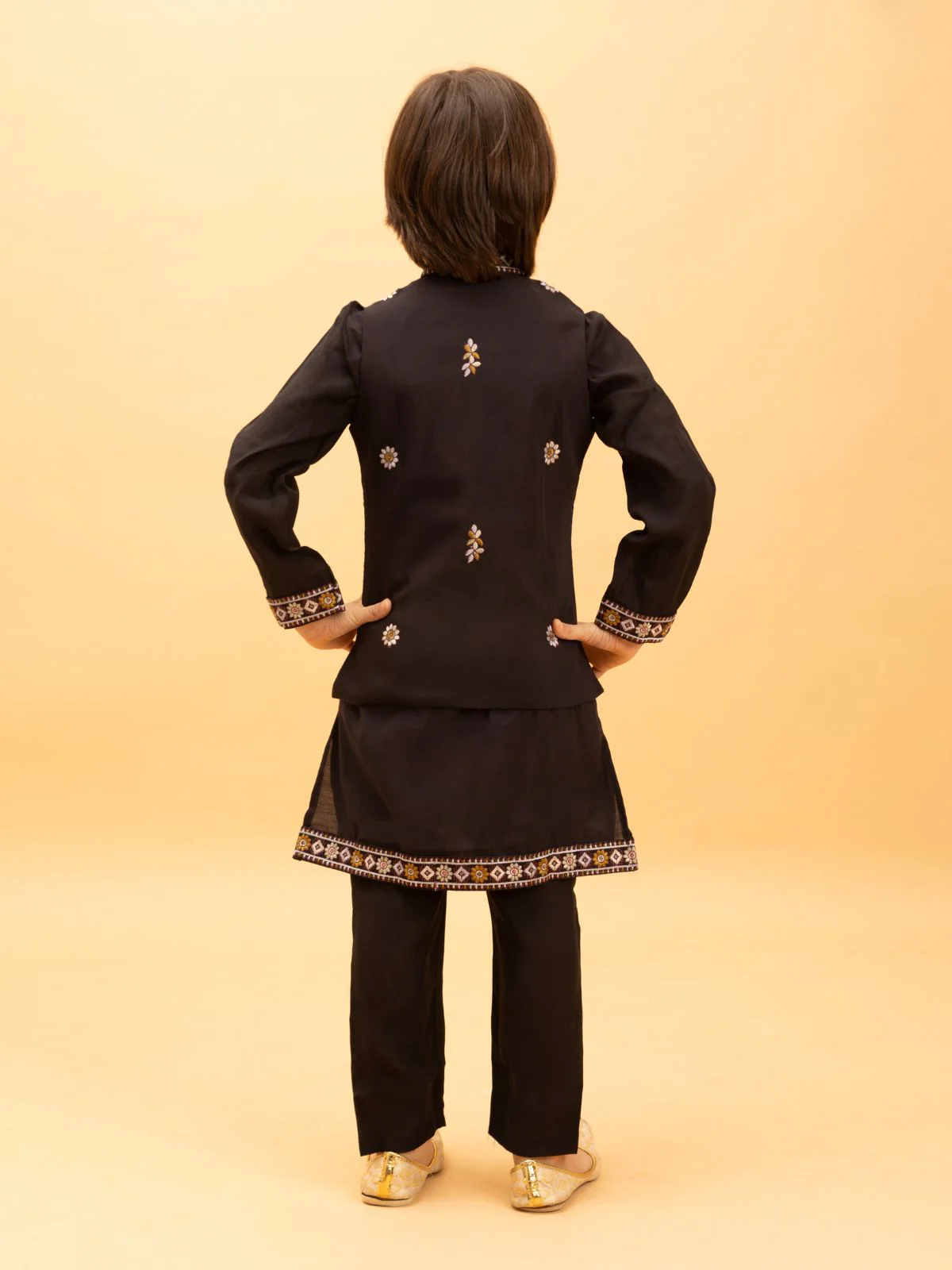 Odette Black Viscose Silk Embroidered Stitched Kurta Set For Kids - Image 2