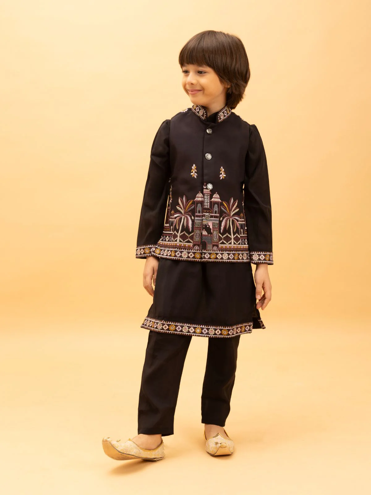 Odette Black Viscose Silk Embroidered Stitched Kurta Set For Kids - Image 3