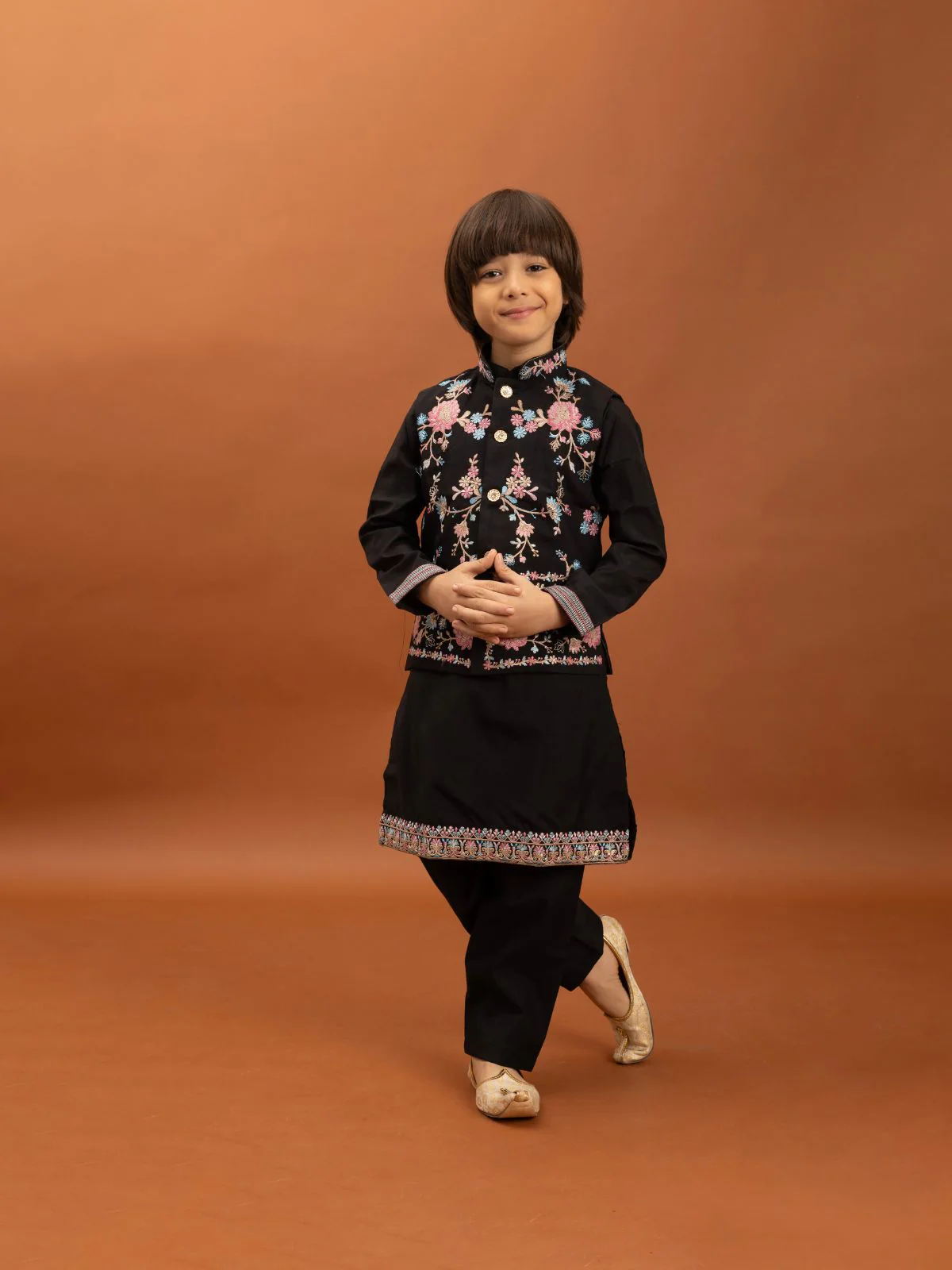 Odette Black Viscose Silk Embroidered Stitched Kurta Set For Kids - Image 2