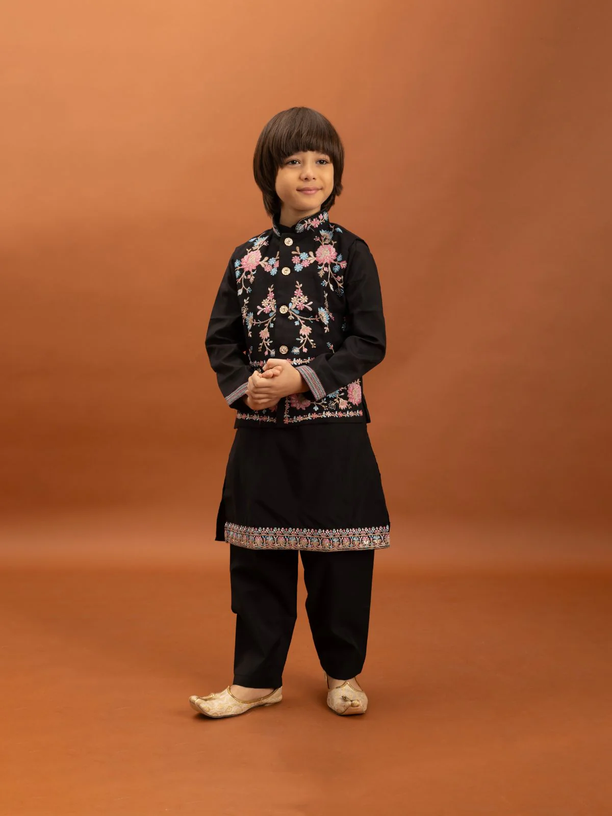 Odette Black Viscose Silk Embroidered Stitched Kurta Set For Kids - Image 3