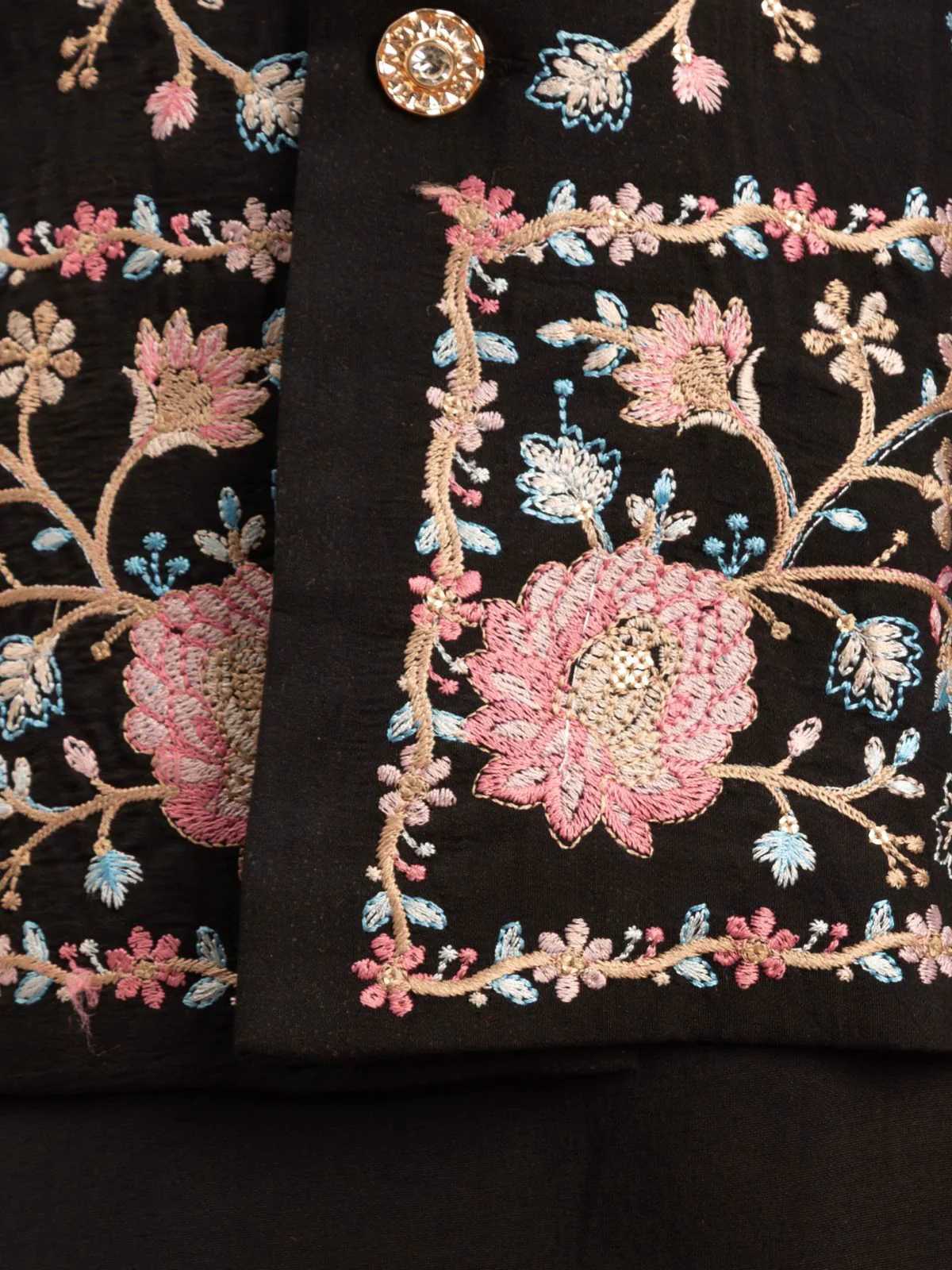 Odette Black Viscose Silk Embroidered Stitched Kurta Set For Kids - Image 7