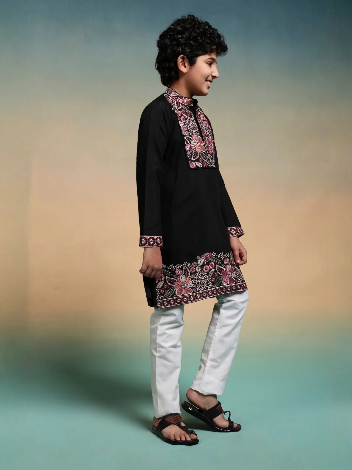 Odette Black Viscose Silk Embroidered Stitched Kurta Set For Kids - Image 3