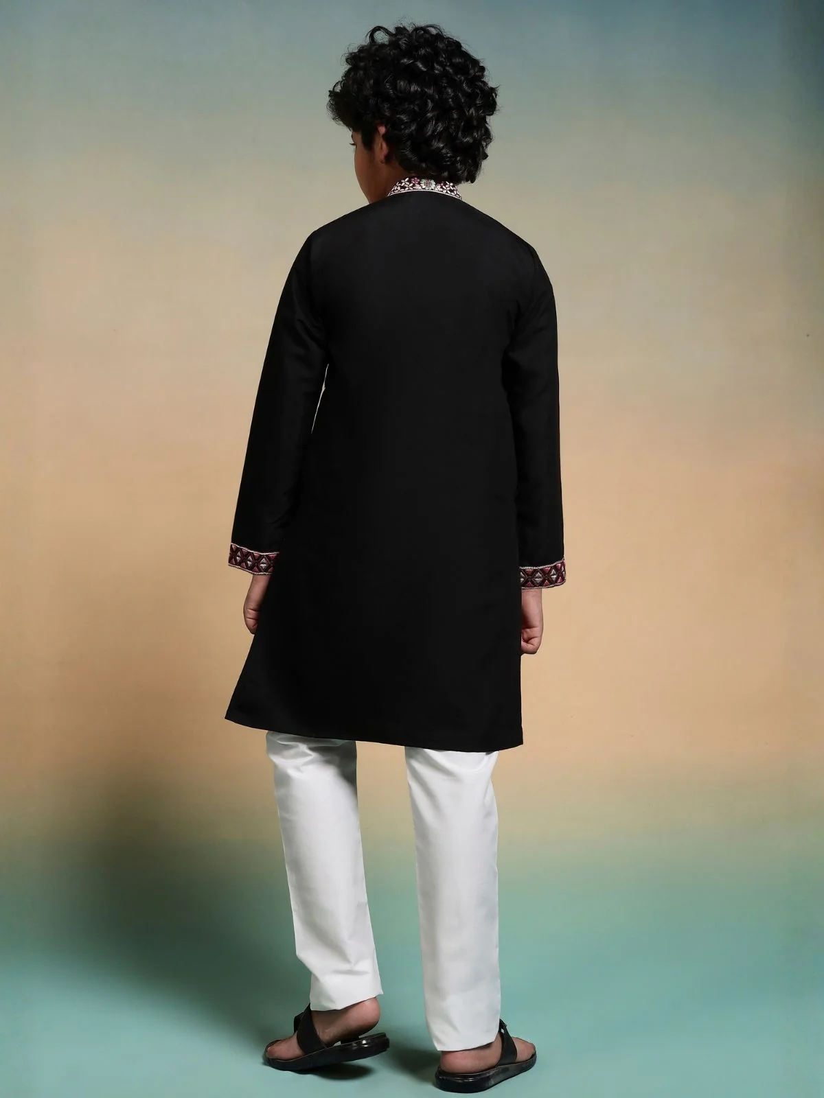Odette Black Viscose Silk Embroidered Stitched Kurta Set For Kids - Image 4
