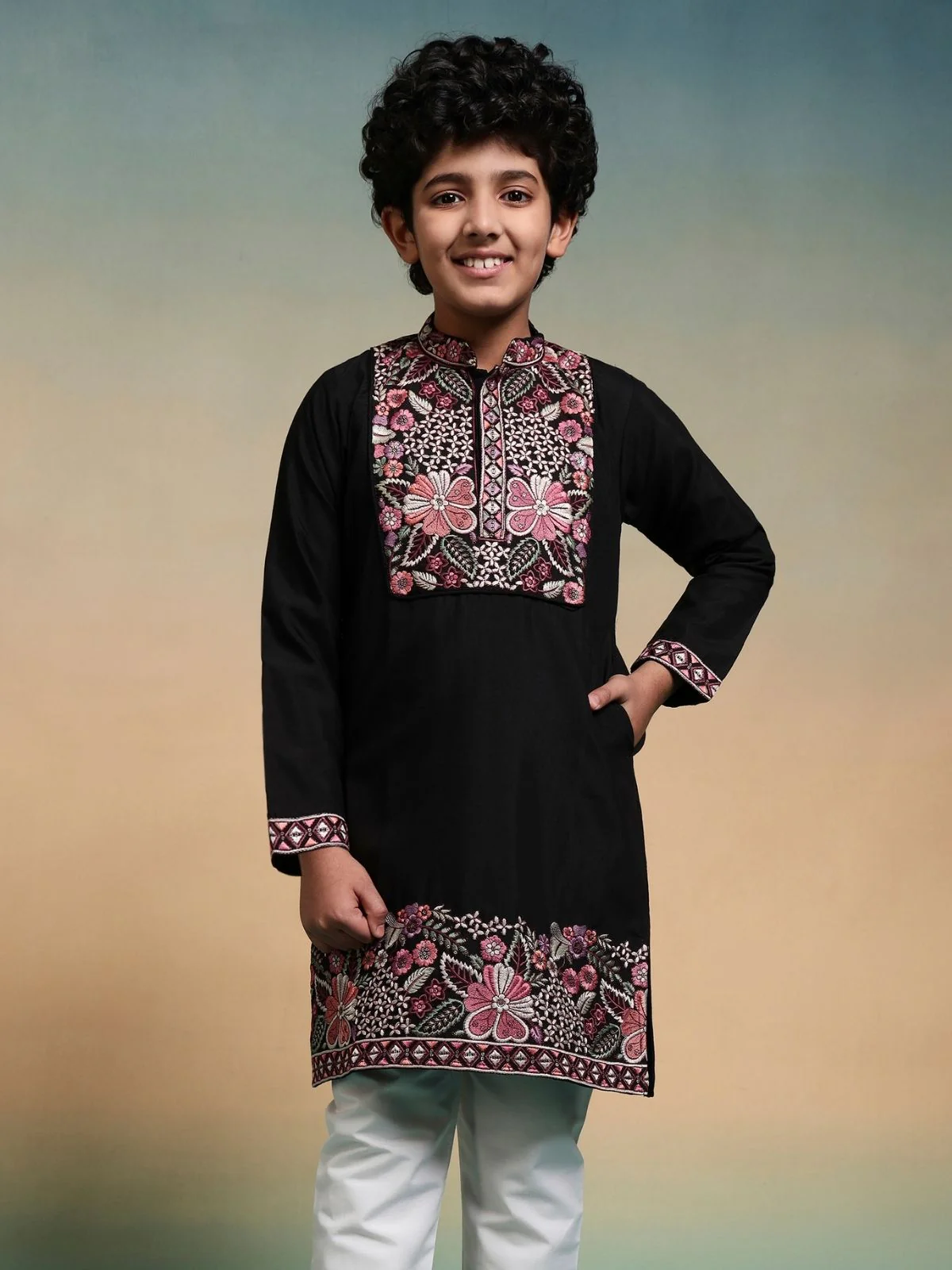 Odette Black Viscose Silk Embroidered Stitched Kurta Set For Kids - Image 5