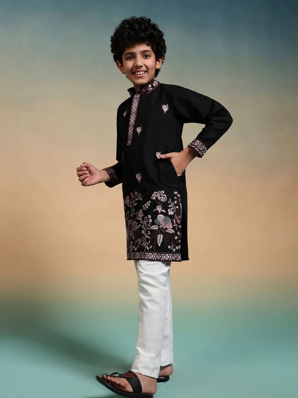 Odette Black Viscose Silk Embroidered Stitched Kurta Set For Kids - Image 3