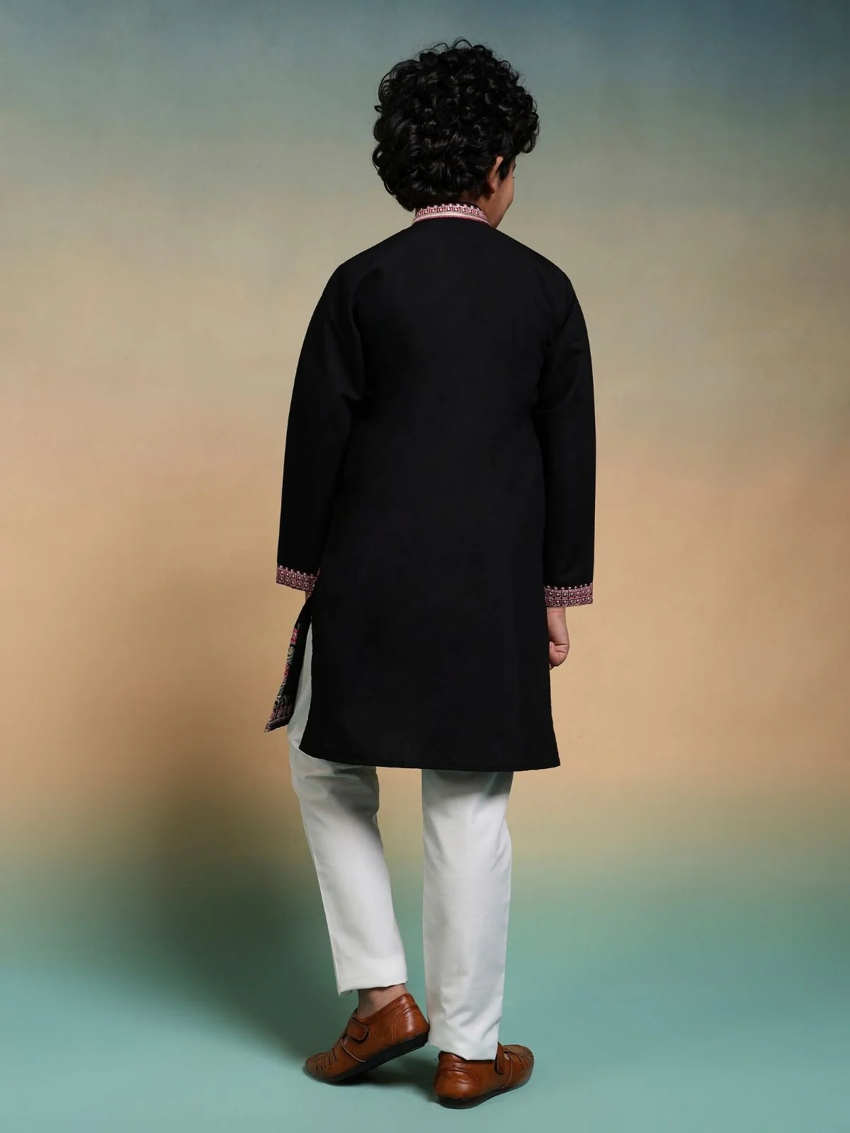 Odette Black Viscose Silk Embroidered Stitched Kurta Set For Kids - Image 4