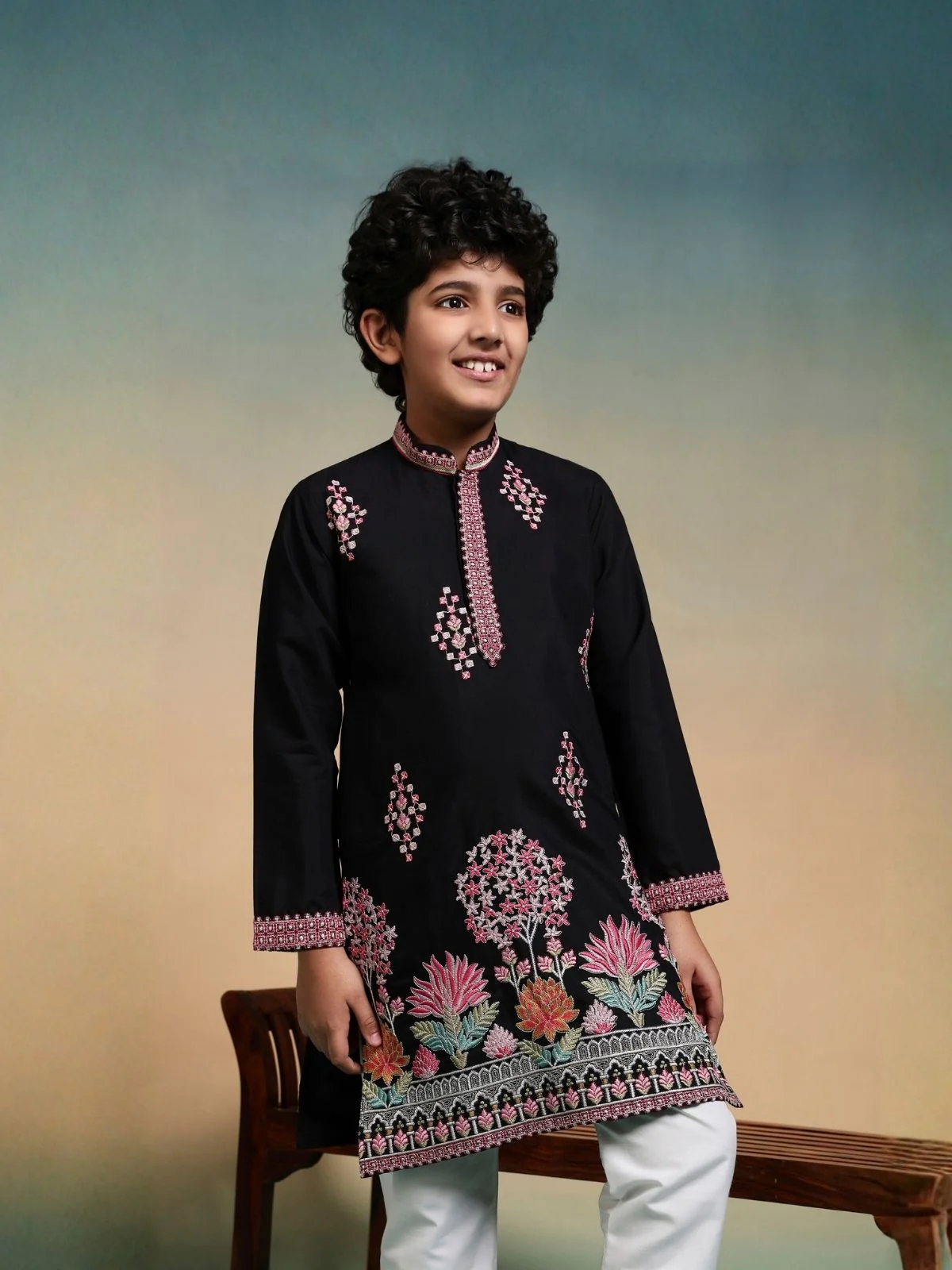 Odette Black Viscose Silk Embroidered Stitched Kurta Set For Kids - Image 5