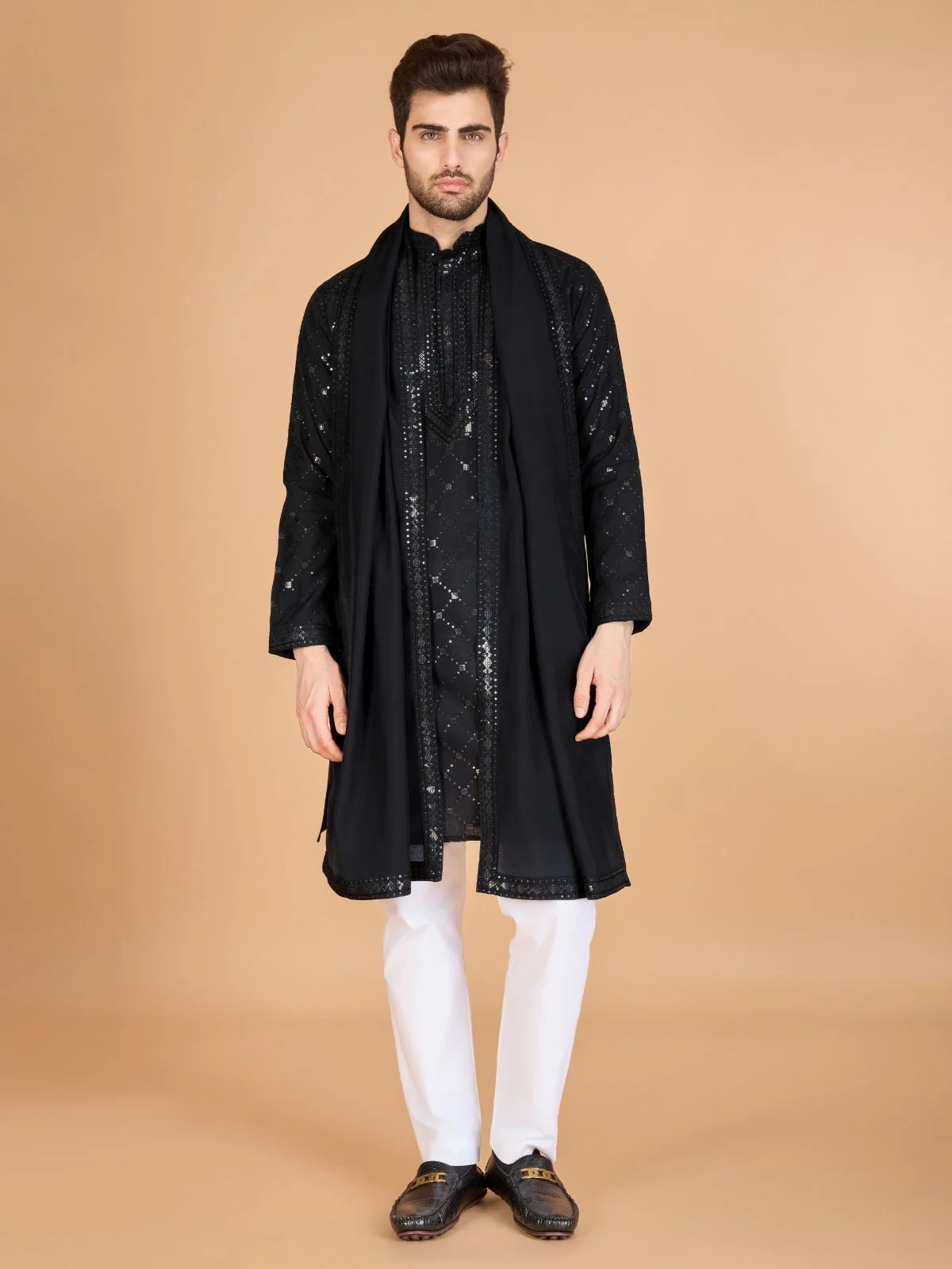Odette Black Viscose Silk Sequins Stitched Kurta For Men - Image 2