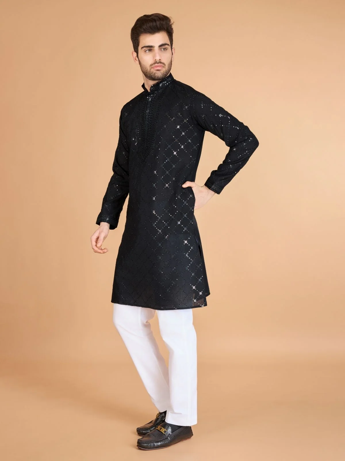 Odette Black Viscose Silk Sequins Stitched Kurta For Men - Image 4