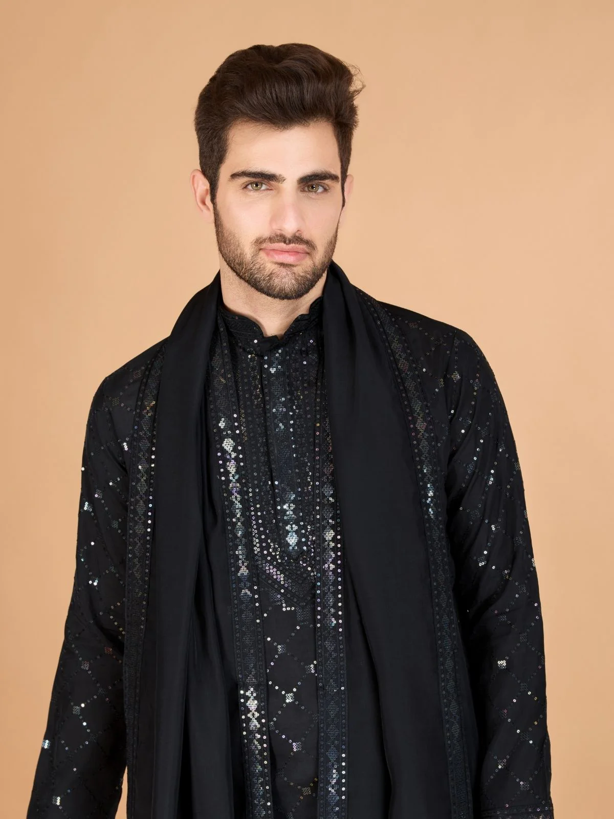 Odette Black Viscose Silk Sequins Stitched Kurta For Men - Image 6