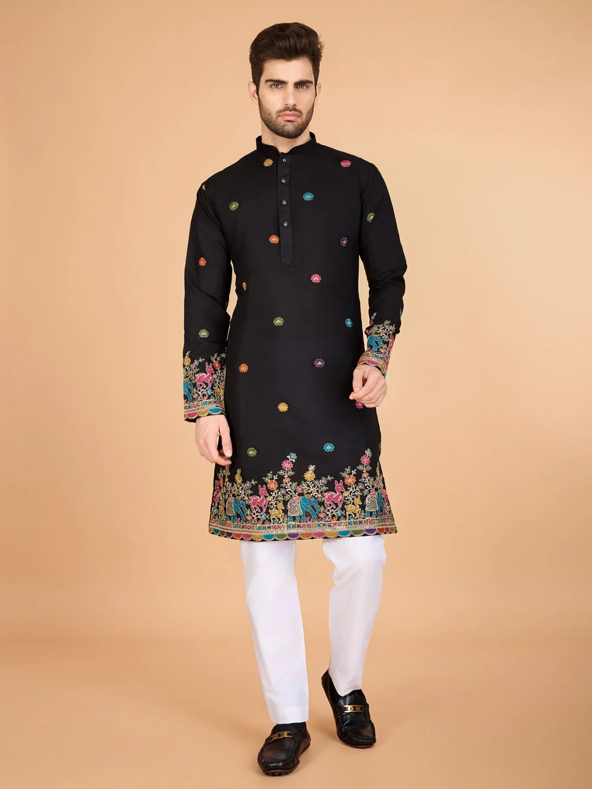 Odette Black Viscose Silk Stitched Kurta For Men - Image 2