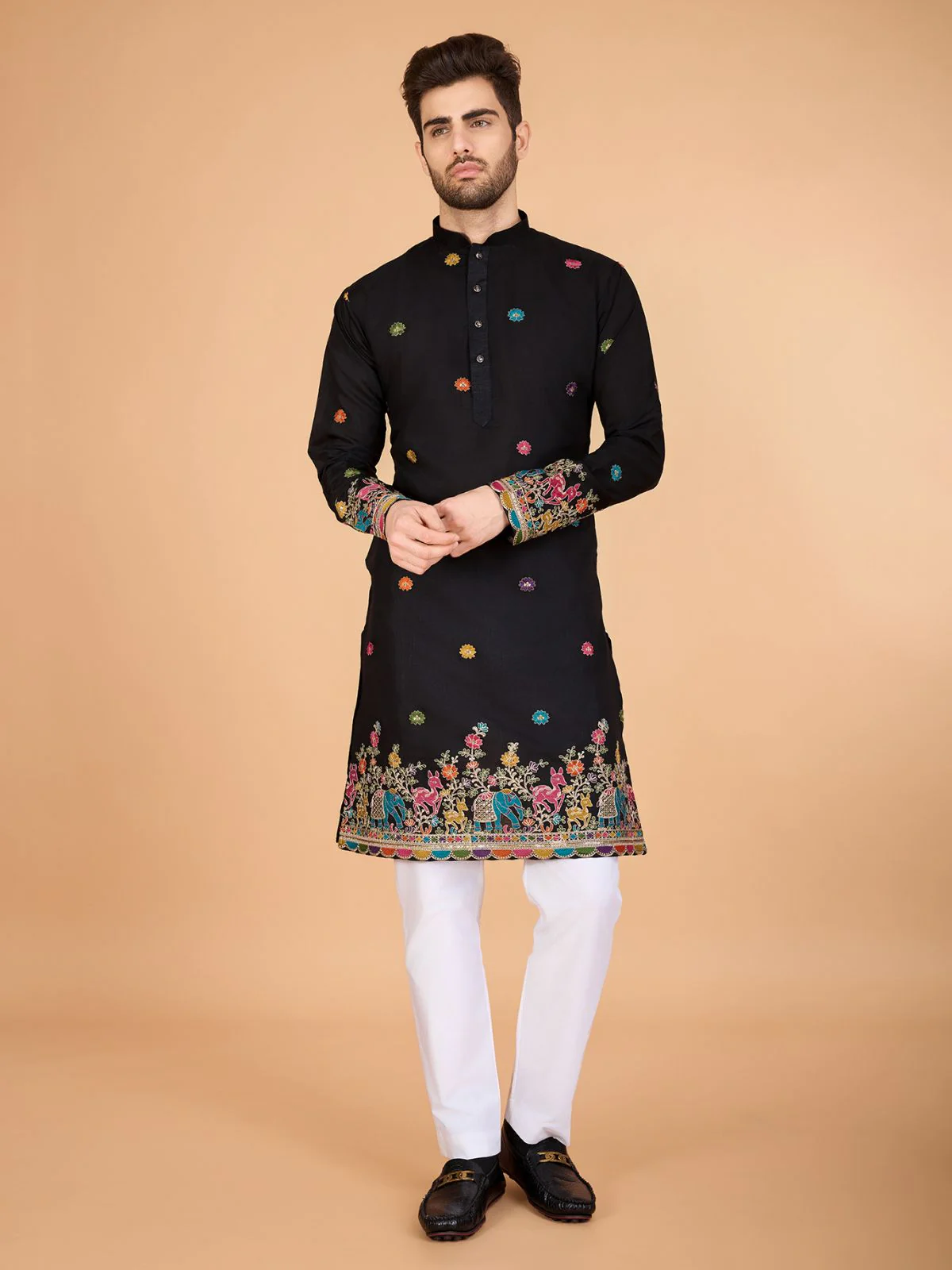 Odette Black Viscose Silk Stitched Kurta For Men - Image 4