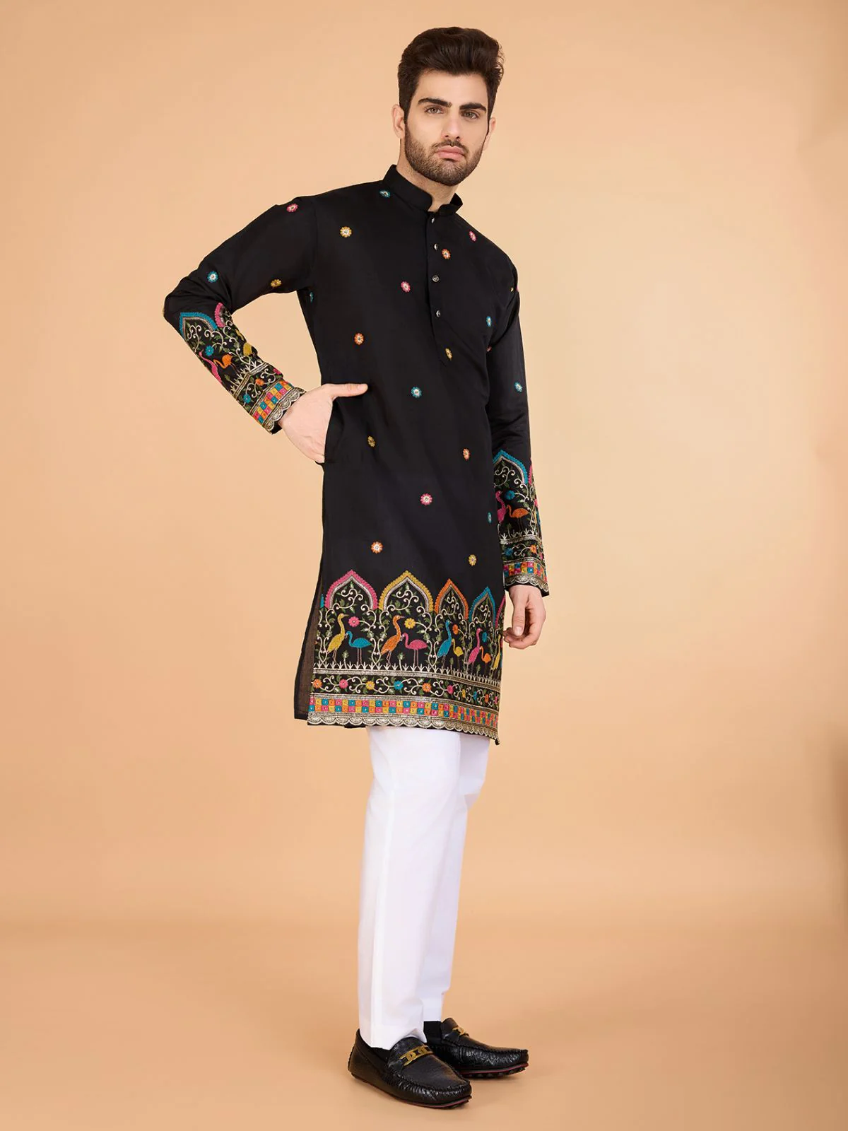 Odette Black Viscose Silk Stitched Kurta For Men - Image 4