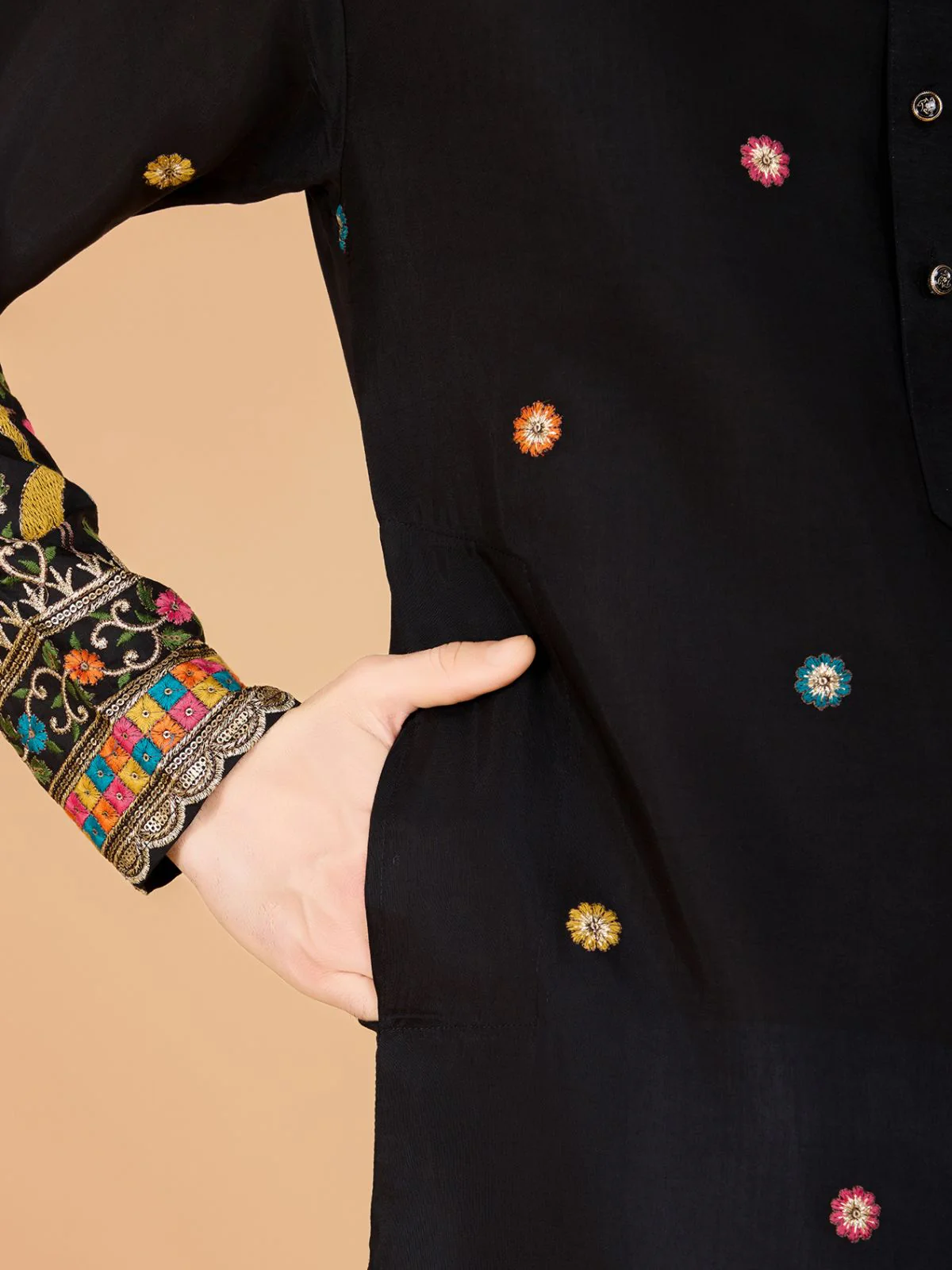 Odette Black Viscose Silk Stitched Kurta For Men - Image 7