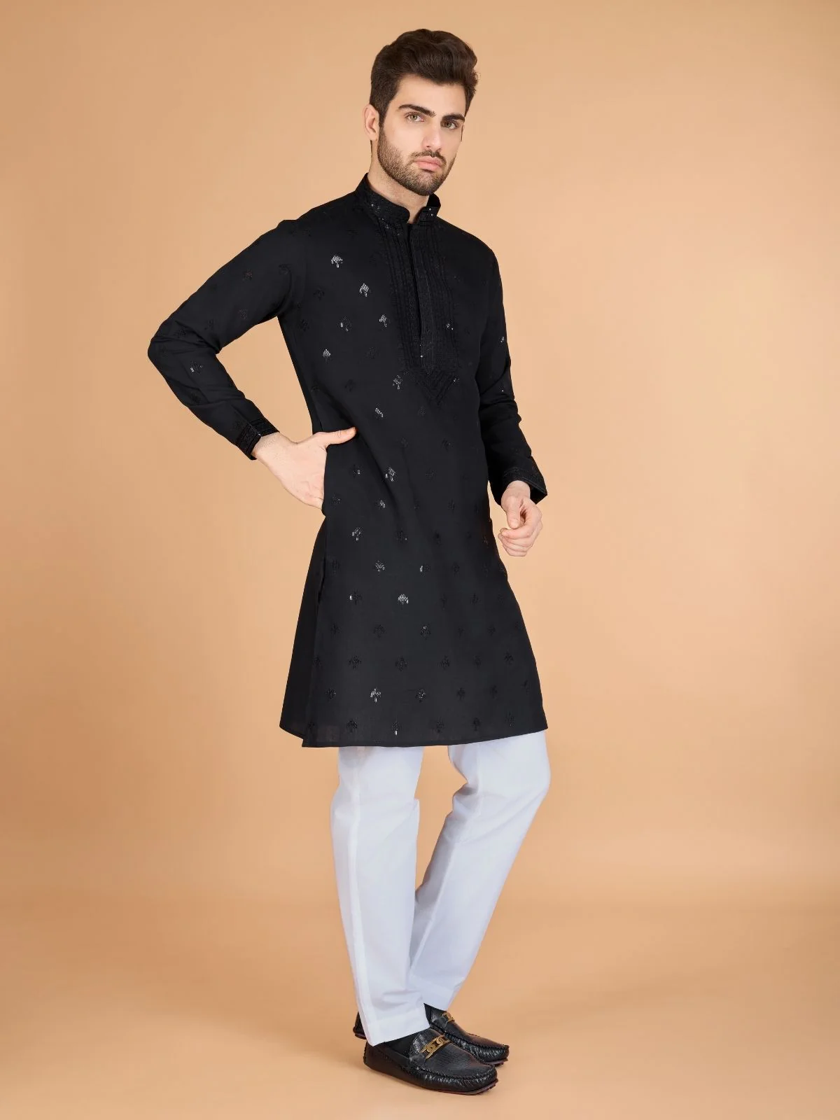 Odette Black Viscose Silk Sequence Stitched Kurta For Men - Image 4
