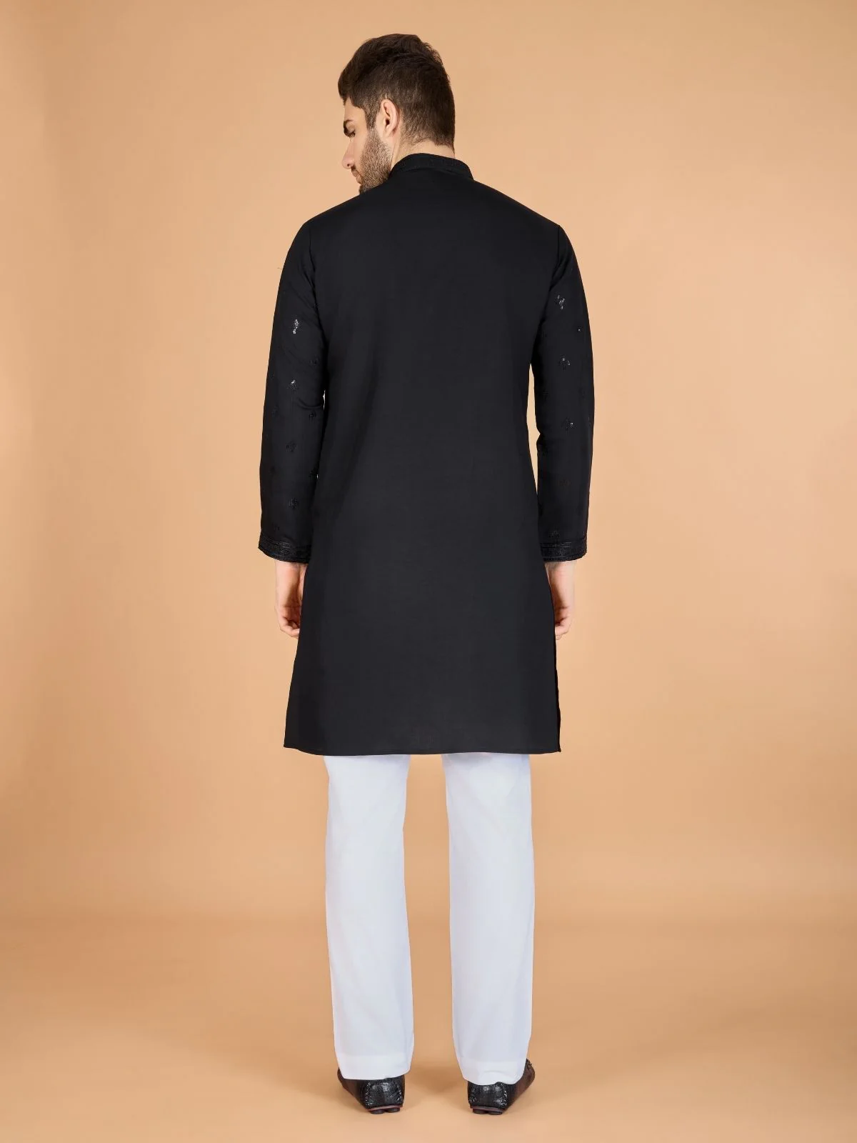 Odette Black Viscose Silk Sequence Stitched Kurta For Men - Image 5