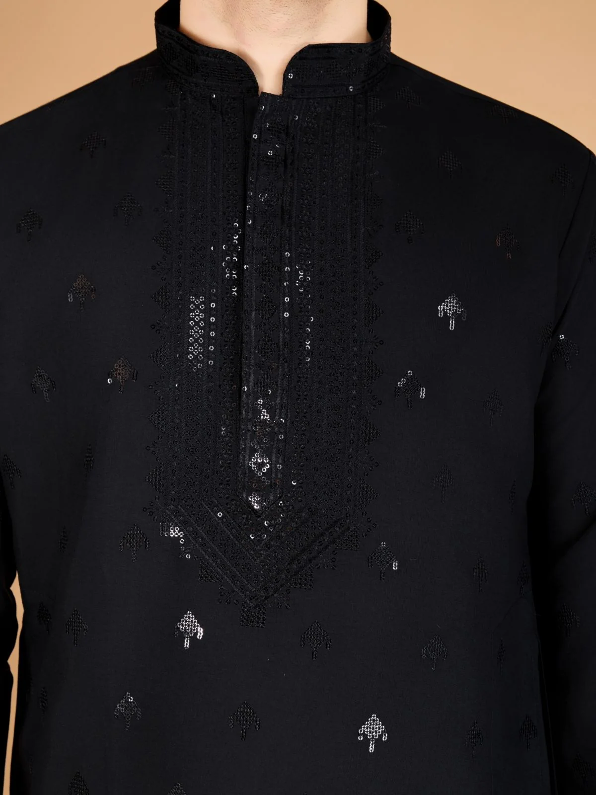 Odette Black Viscose Silk Sequence Stitched Kurta For Men - Image 7