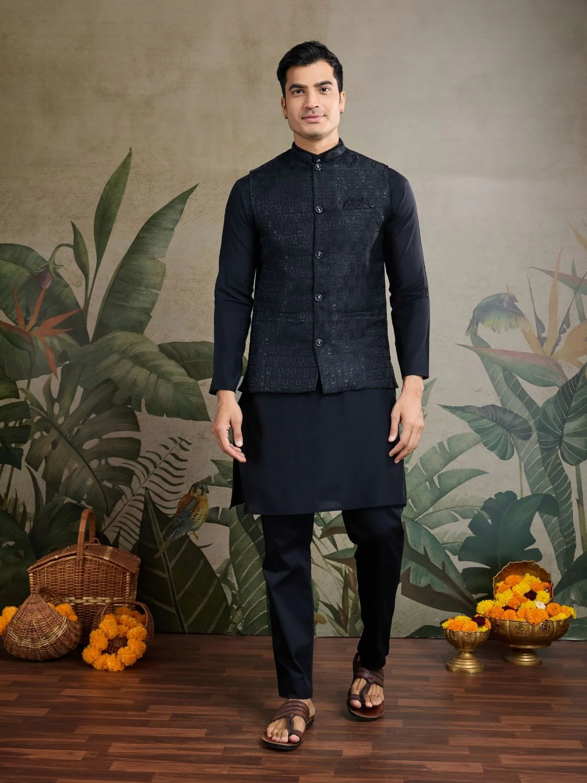 Odette Black Viscose Silk Woven Stitched Kurta For Men