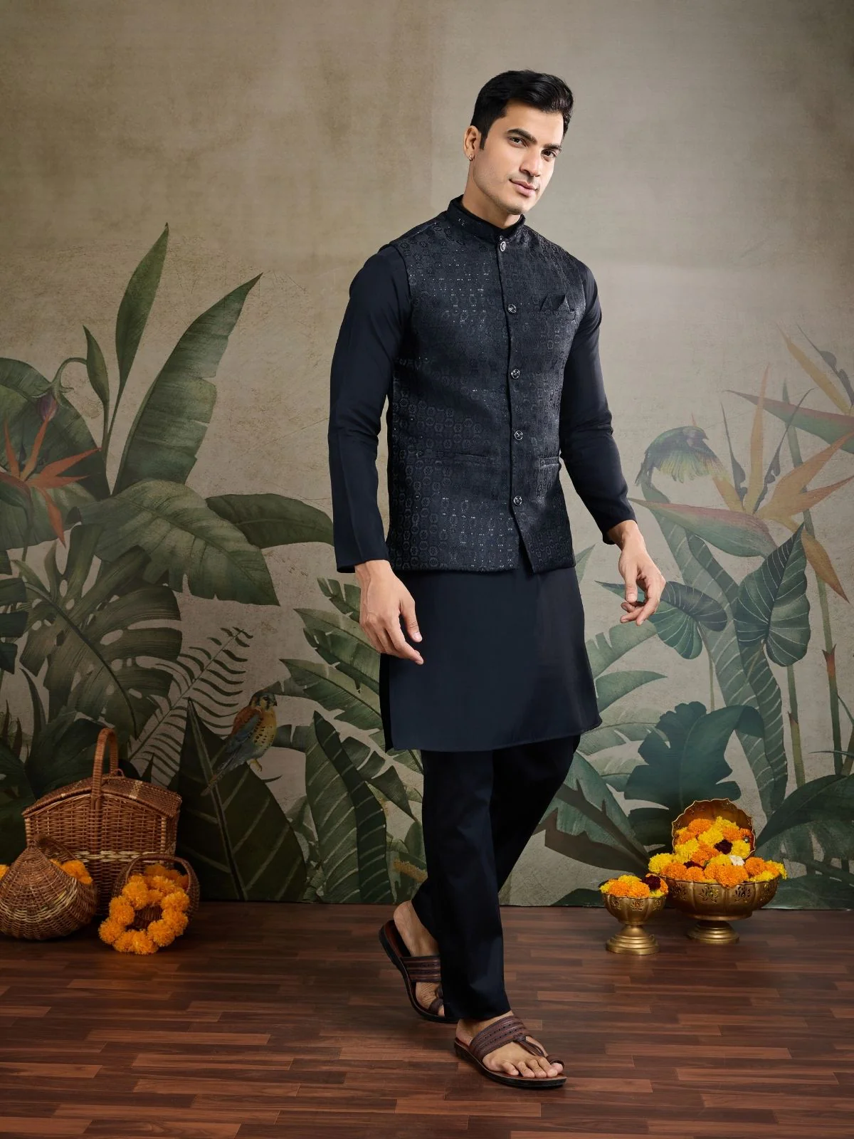 Odette Black Viscose Silk Woven Stitched Kurta For Men - Image 2