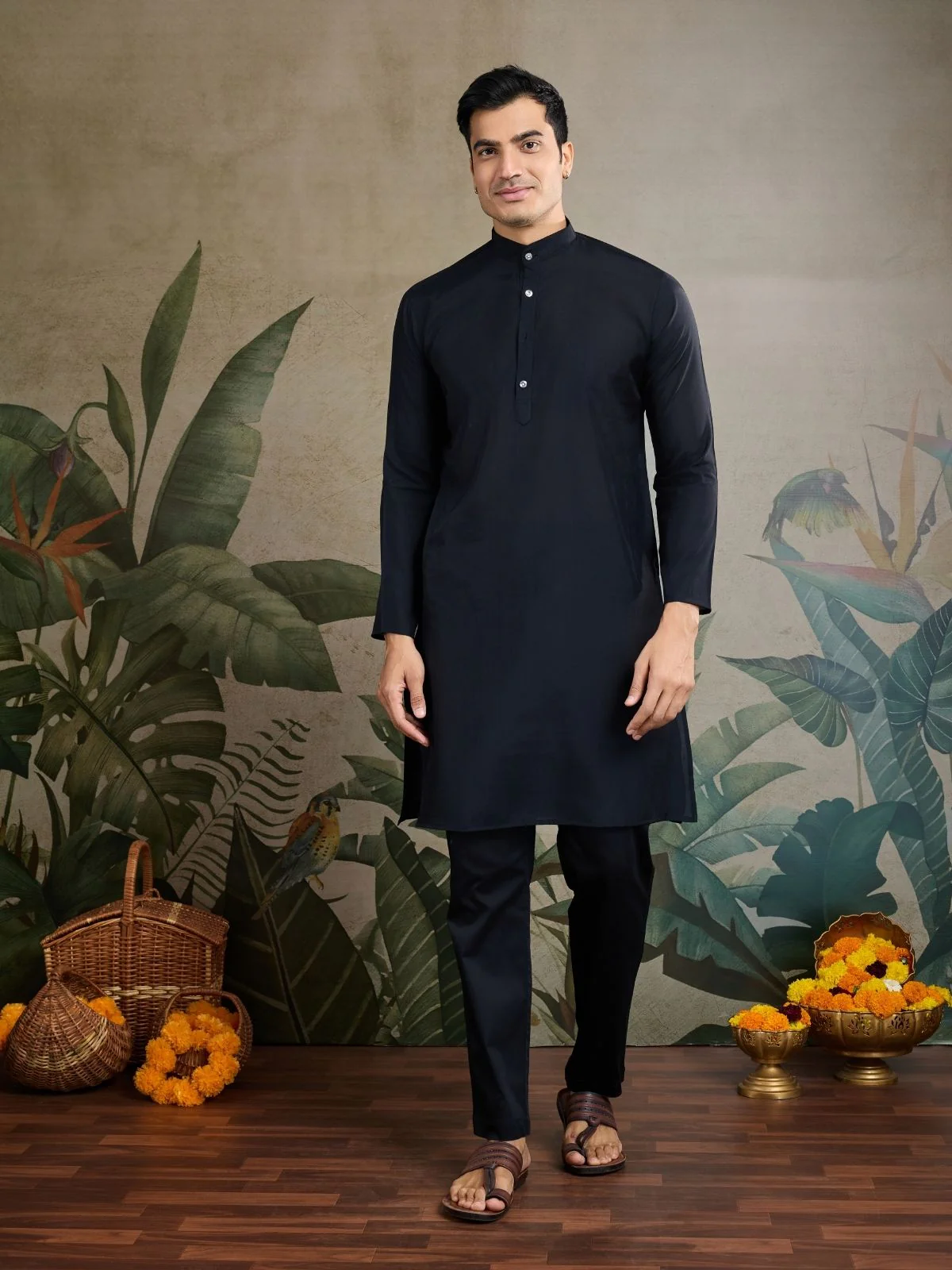 Odette Black Viscose Silk Woven Stitched Kurta For Men - Image 3