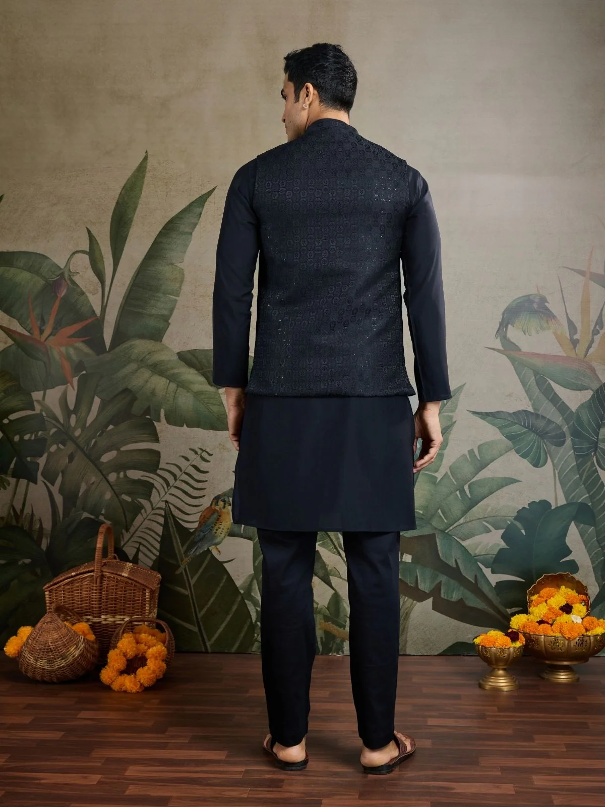 Odette Black Viscose Silk Woven Stitched Kurta For Men - Image 4